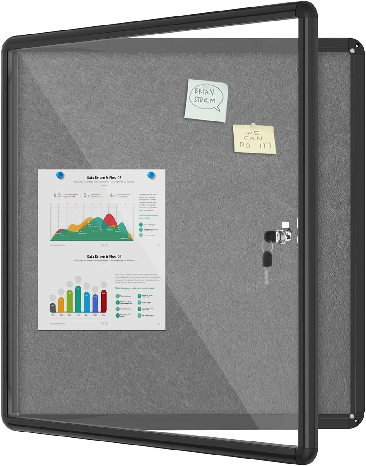 28"x26" Enclosed Bulletin Board, Lockable Weather-Resistant Aluminum Cork Noticeboard for School & Office, Black Frame w/Grey Flet