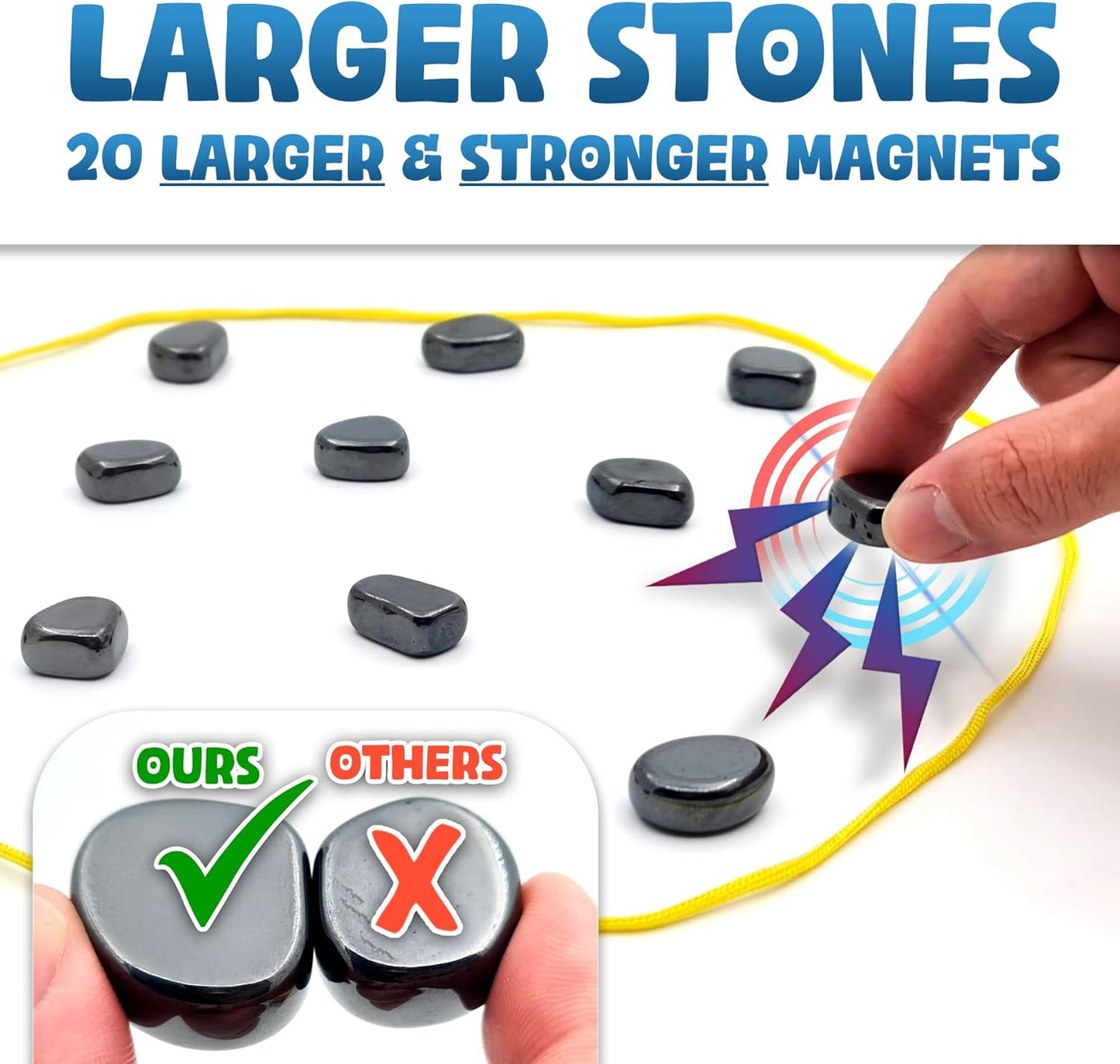 Upgraded (Multi-Level) Magnet Chess Game with String & Stones - Clear & Simple Instructions | Premium Set with 20 Larger & Stronger Stones, Adjustable Rope, 2 Dice & Travel Pouch | for Kids & Adults