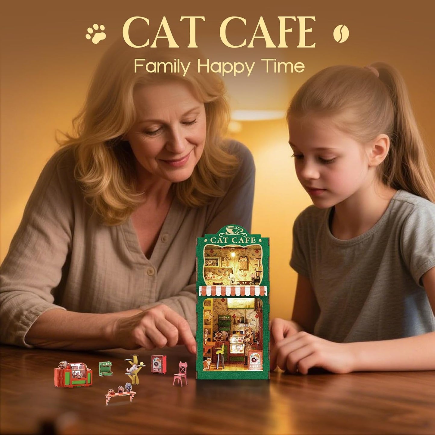 Book Nook Kit,DIY Miniature House Kit for Adults, Teens and Beginners, Dollhouse Booknook Cat Cafe Tiny House Bookshelf Decor 3D Wooden Puzzle, Gifts for Family, Friends