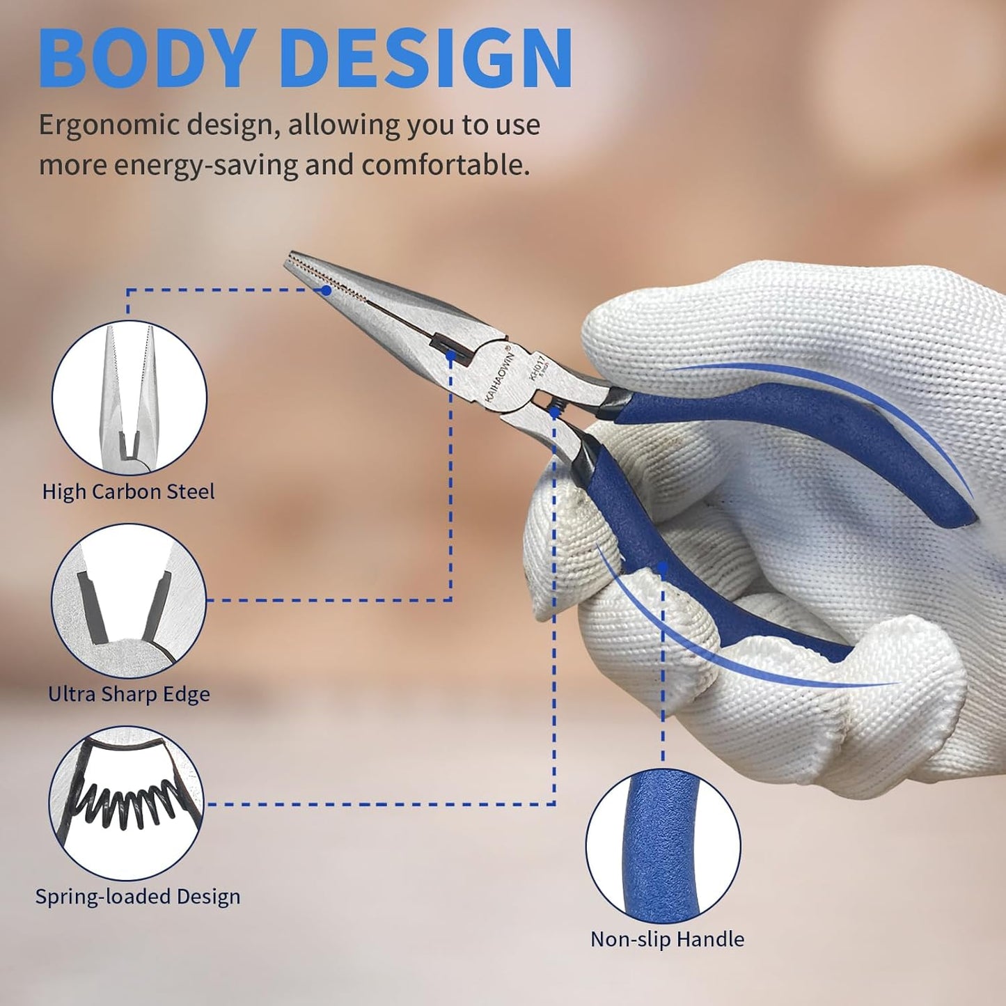KAIHAOWIN 6-Piece Tool Set with Case, 8.8” Long Nose, Slip Joint Pliers,5” Needle Nose, 5" Flush Cutter, Rubber Mallet for Repairing & Home Use