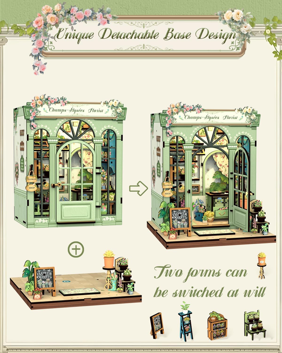 Cutefun Book Nook Kit - DIY Miniature Dollhouse Kit 3D Creative Decorative Bookend 3D Wooden Puzzle for Adults, Bookshelf Insert Room Decor with LED Light (Champs-Élysées Florist)
