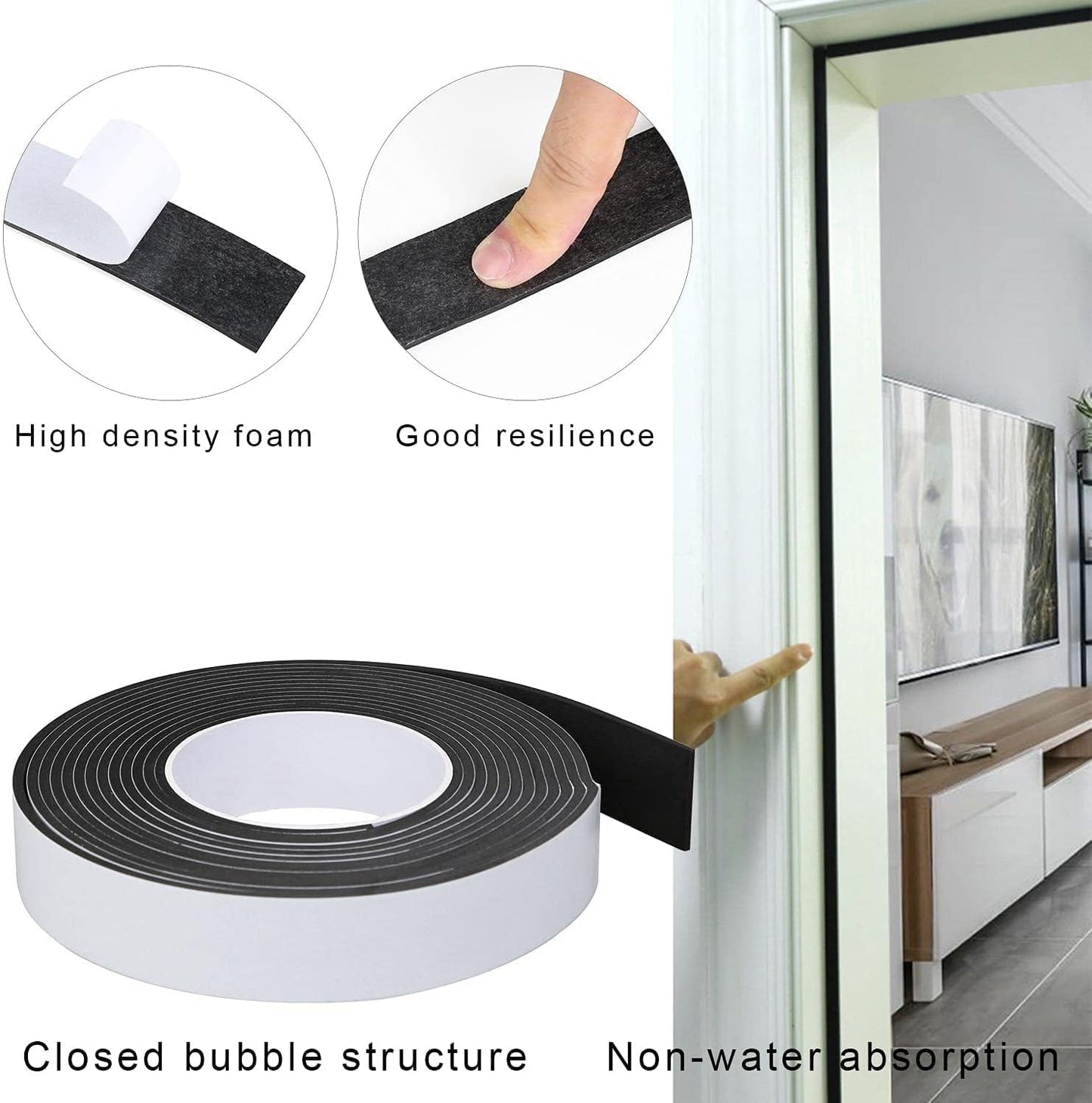 EVA Single-Sided Adhesive Black Foam Tape, 1.18inx16.4FT Single-Sided Sealing Strip Foam Pad Sponge Tape Window Weatherproof, Self-Adhesive Insulation Sealing Tape (Black)