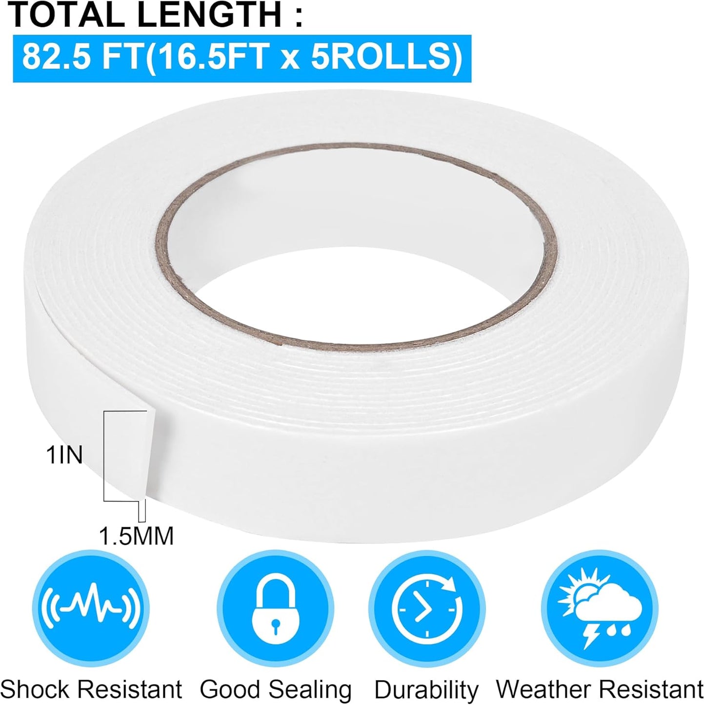 Double Sided Foam Tape 1In x 16.5FT 5 Pack, Mounting Tape Heavy Duty, Strong Adhesive Weatherproof Seal Strips for DIY Craft Picture Poster, Car & Gap Filling Mountings, Home Office Decor (White)