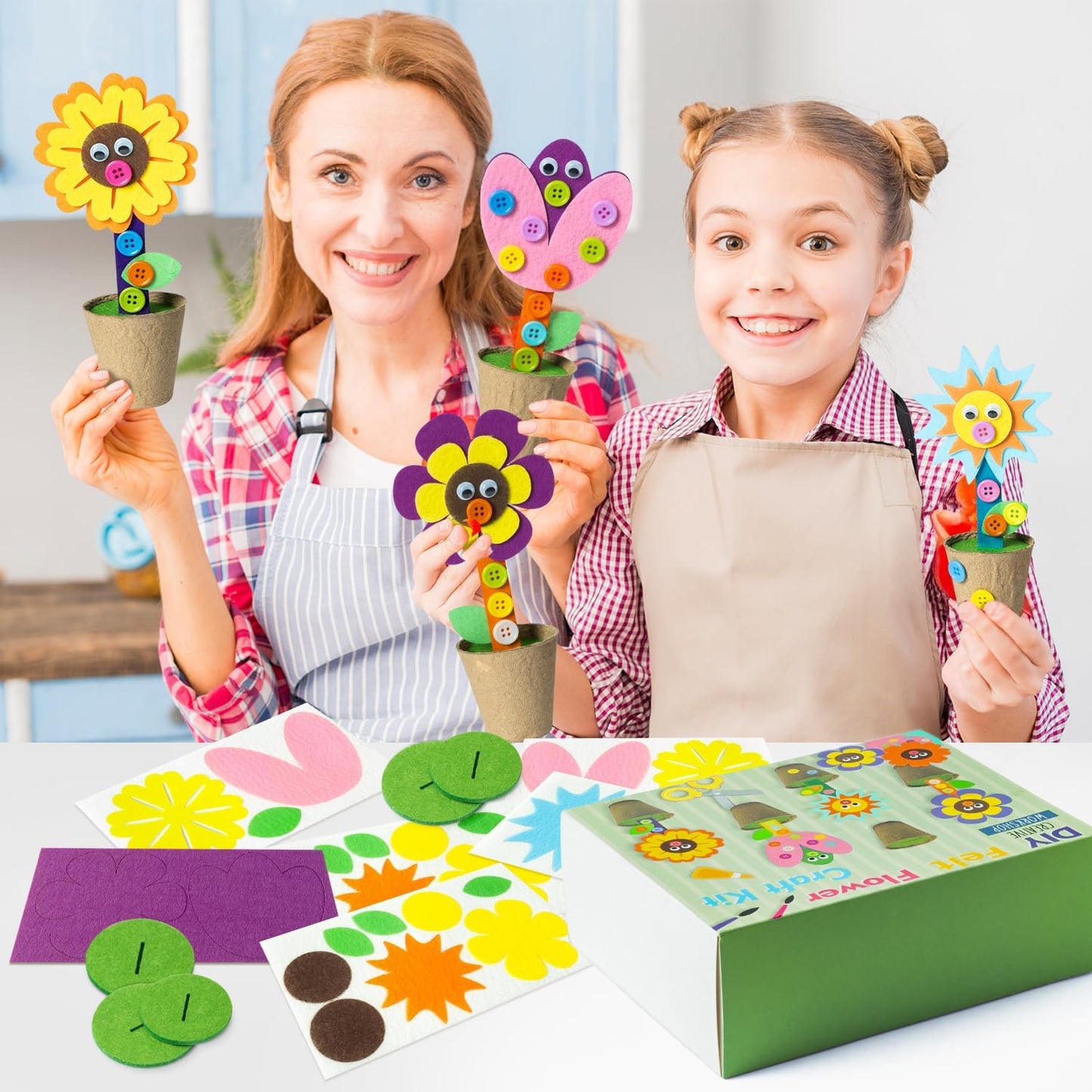 WATINC Mother's Day Spring Felt Flower Craft Kits - Make Your Standing Flowers Gift Crafts with Buttons Flower Pot Decor, DIY Flowers Decorations Home School Fun Activities for Mom Kids (24Pcs)