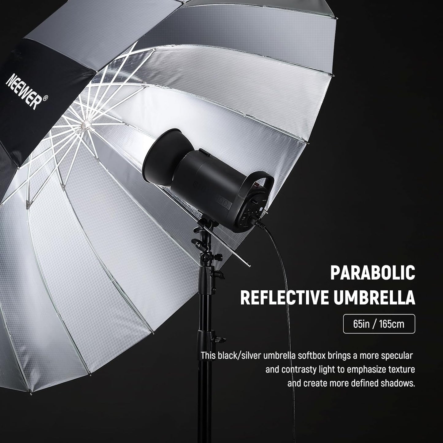 NEEWER 65"/165cm Parabolic Reflective Umbrella Photography with Silver Inner, Soft Lighting with Diffuser Cover, Bag, Quick Fold for Camera Photo Studio Video Light Shooting Monolight Flash, NS3U
