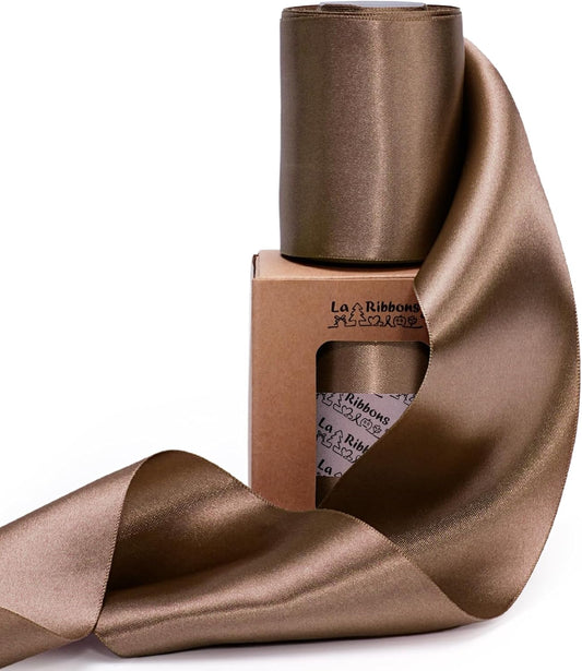 LaRibbons Brown Satin Ribbon 3 Inch 10 Yards Double Faced Luxury Mocha Silk Ribbon for Gift Wrapping Flower Bouquets Bow Christmas Wedding Party Decoration