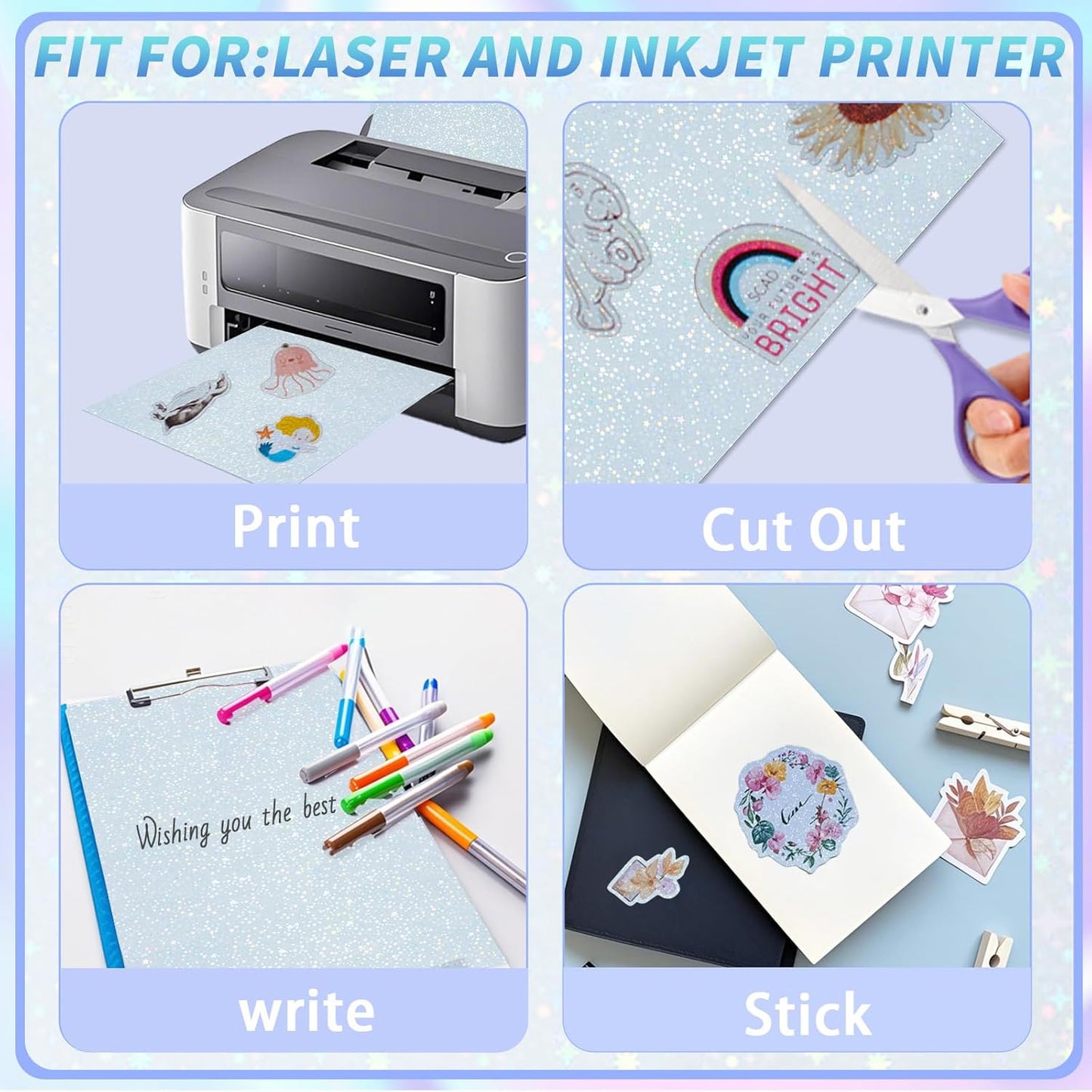 Printable Holographic Sticker Paper,20 Sheets 11 x 8.5''five-pointed star Printable Waterproof Sticker,Rainbow Vinyl Sticker for Inkjet or Laser Printer