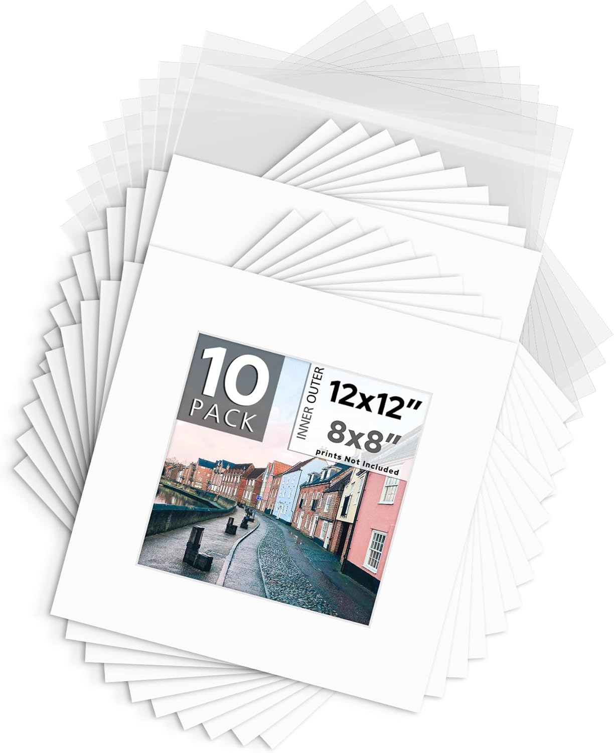 Mat Board Center, Pack of 10, 12x12 for 8x8 White Mat Kit - Acid Free, 4-ply Thickness, White Core - Includes Backing Boards and Clear Bags - for Pictures, Photos, Framing