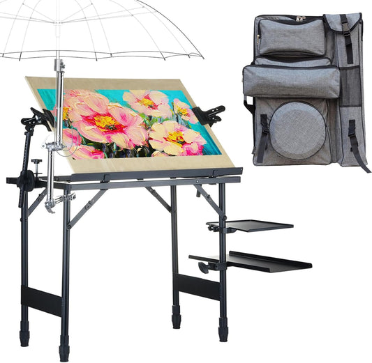Artist Easel Stand Metal Foldable Portable Ergonomic Adjustable Easel for Painting Canvases Height from 16" to 30" Equipped with Carry Bag&Umbrella Stand for Outdoor&Indoor Painting Drawing