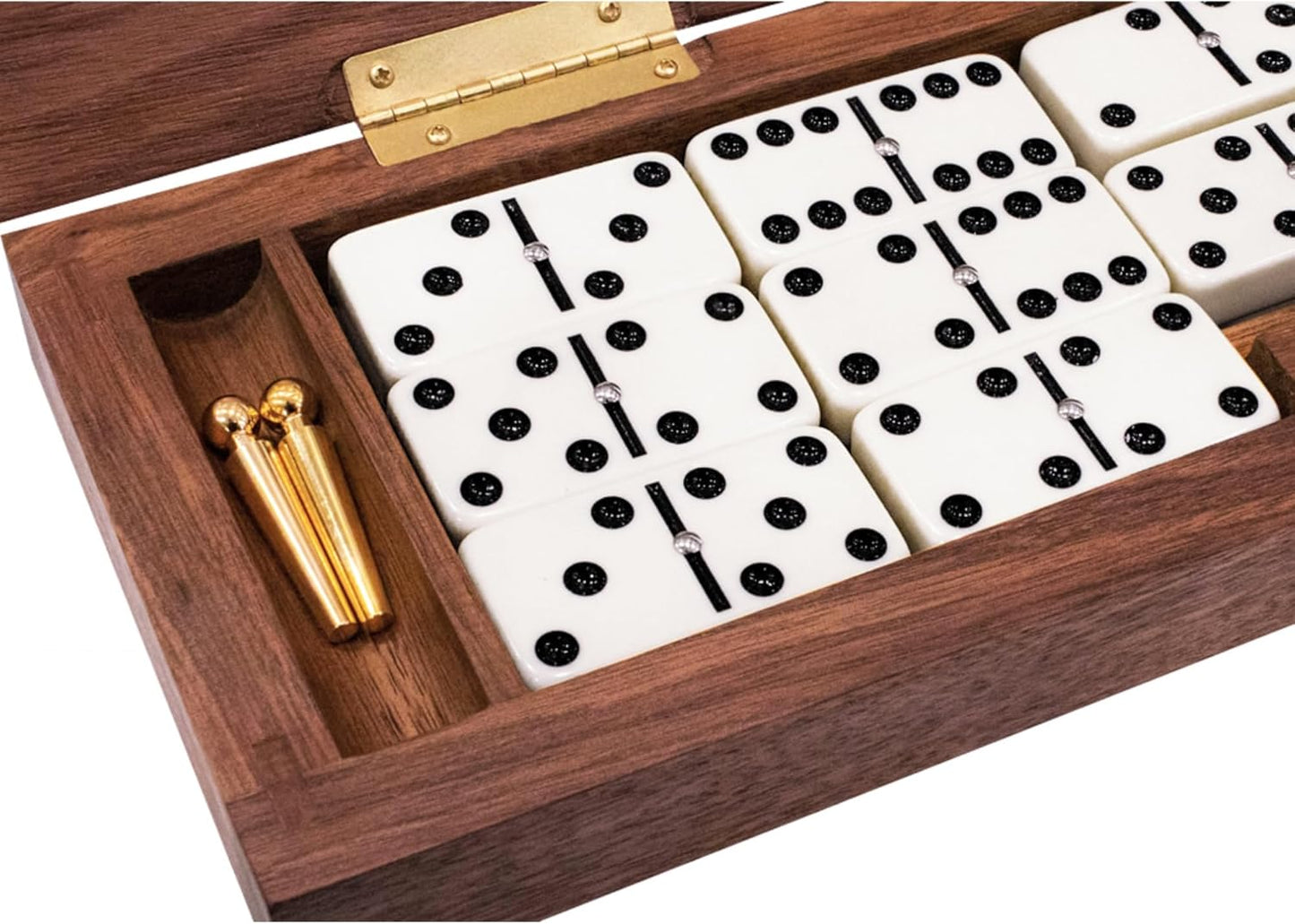 Alex Cramer Le Club Luxury Domino Set with USA-Made Handcrafted Walnut Case and Cribbage Top - 28 Tournament Quality Indestructible Spinner Dominoes. Gold & Nickel pegs