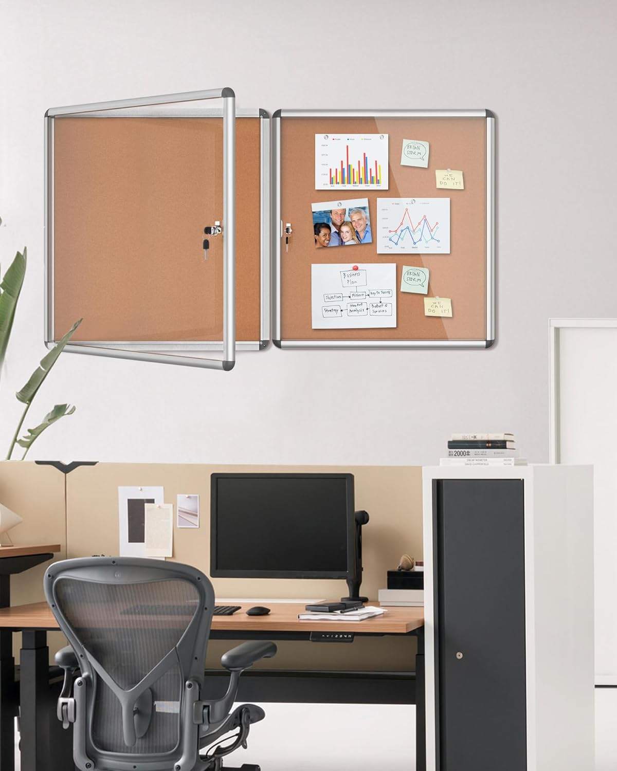 2 Pack 28"x26" Enclosed Bulletin Board, Lockable Weather-Resistant Aluminum Cork Noticeboard for School & Office, Silver Frame w/Cork