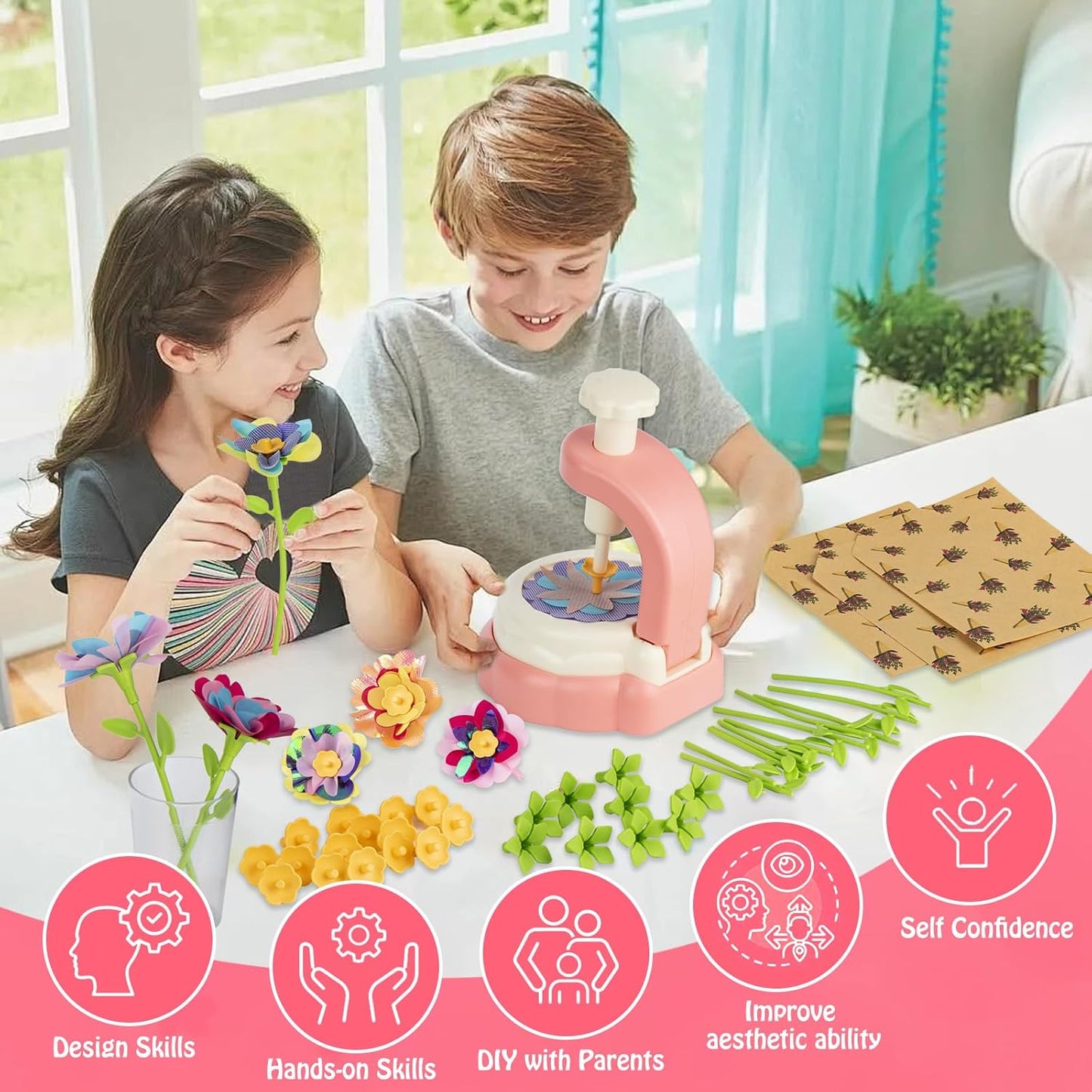 VROGTIK DIY Arts and Crafts Kits for Kids, Educational Toys for 3 4 5 6 7 8 9+ Year Old Girls, Fabric Flower Bouquets Toys Birthday Gifts for 3-12 Years Old Kids Build Your Own Flowers