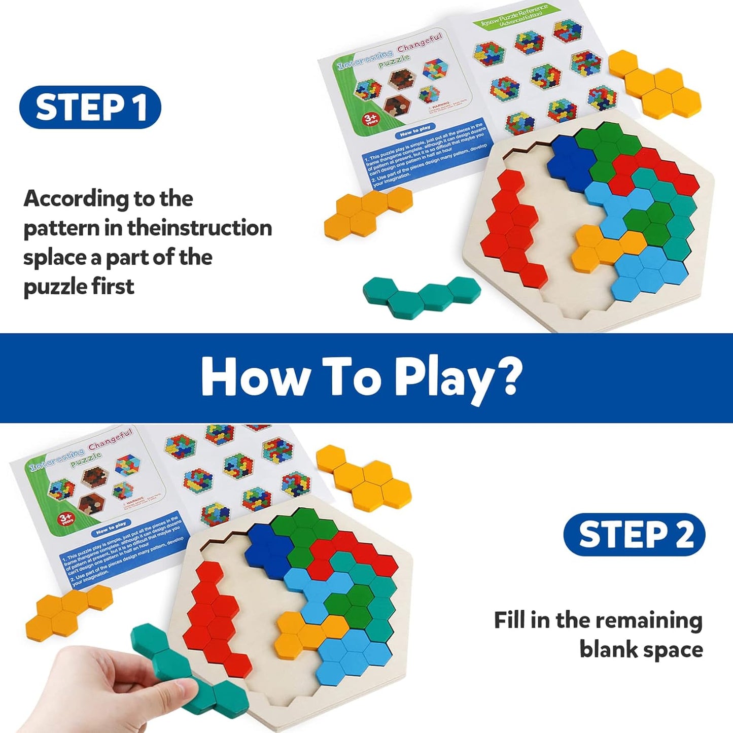 Skrtuan Wooden Blocks Puzzle for Kid Adults Brain Teaser Hexagon Puzzles Games Toy Shape Pattern Block Tangram Geometry Logic IQ STEM Montessori Educational Gift for Kids Boys Girls Challenge