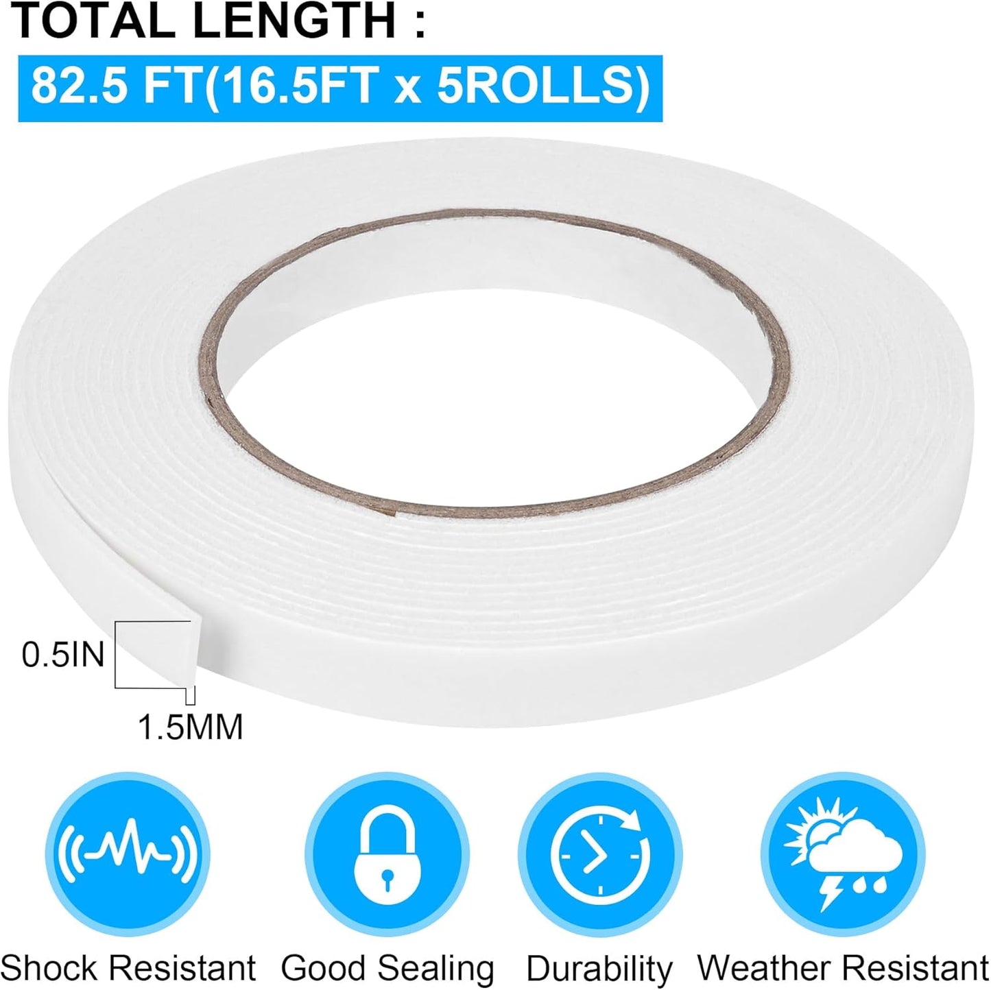 Double Sided Foam Tape 0.5In x 16.5FT 5 Pack, Mounting Tape Heavy Duty, Strong Adhesive Weatherproof Seal Strips for DIY Craft Picture Poster, Car & Gap Filling Mountings, Home Office Decor (White)