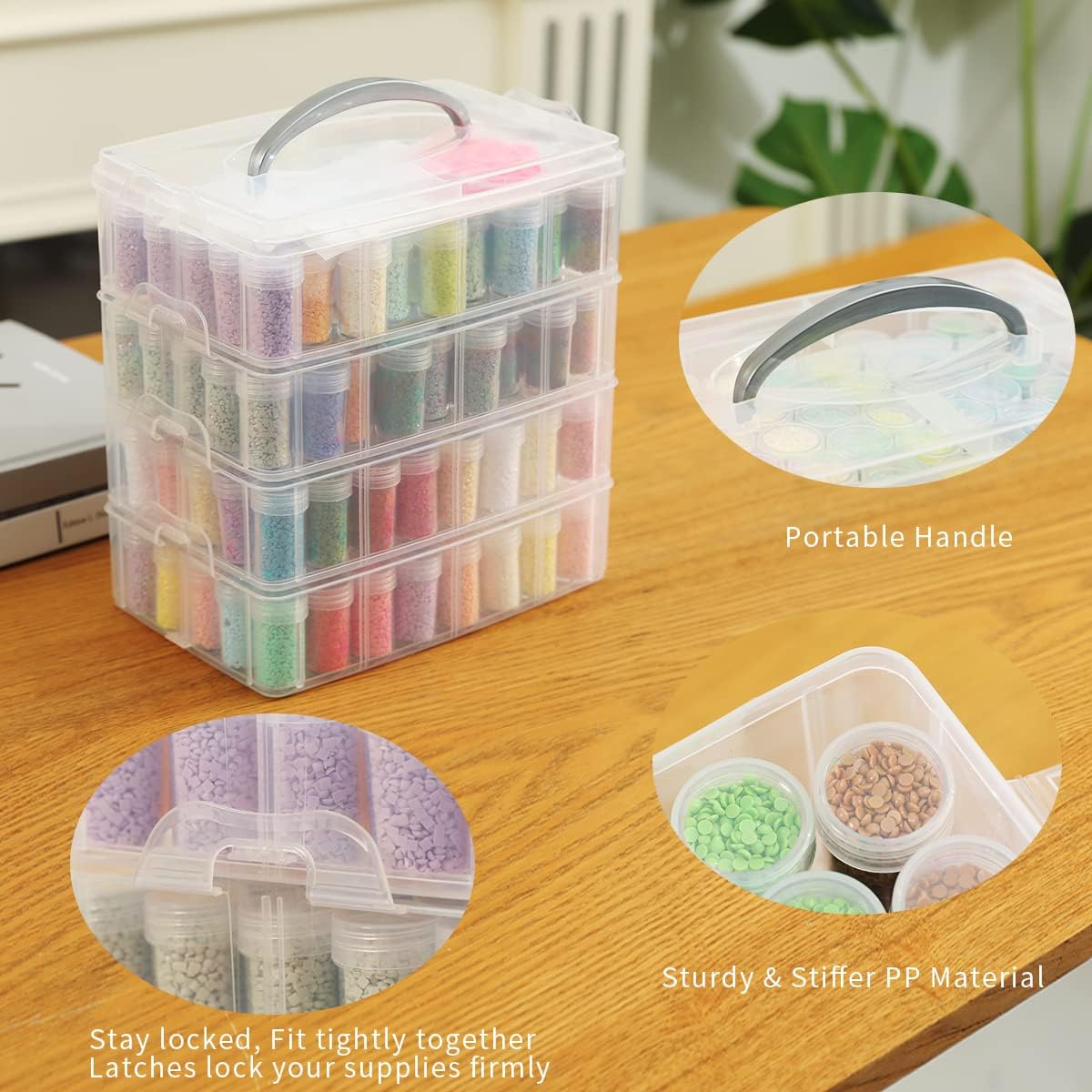 Douorgan 4-Tier Diamond Painting Storage Containers Portable Bead Organizer and Storage Box Stackable Arts & Crafts Organizers for Nail Charms Seed, 176 Round, Funnel, Stickers