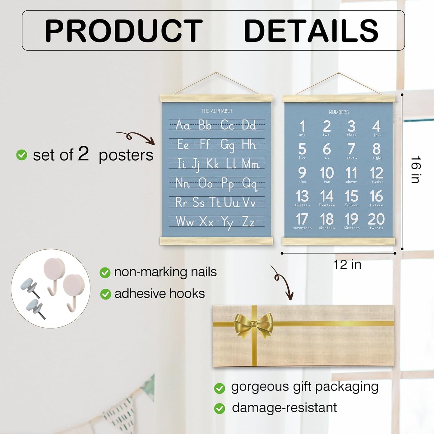 BONETAT Numbers alphabet poster for Nursery Toddlers, Play Room Wall Decor,ABC Wall Chart, Wall Hanging Decor for Toddler Playroom Decor Kids Wall Decor, Wooden Frame Alphabet Banner-A07