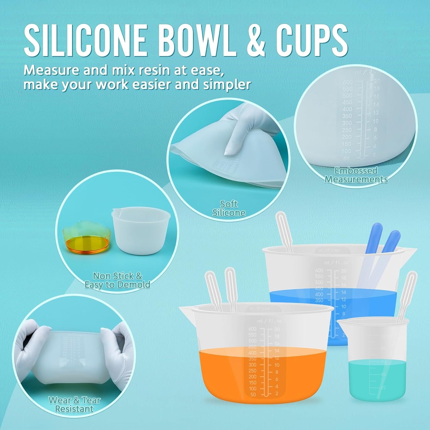 Silicone Resin Mixing Measuring Bowls 2Pcs 600ml/20oz for Resin Supplies, Thickened Reusable Silicone Bowl Cups for Epoxy Mixing, with Stir Sticks, Jewelry Making