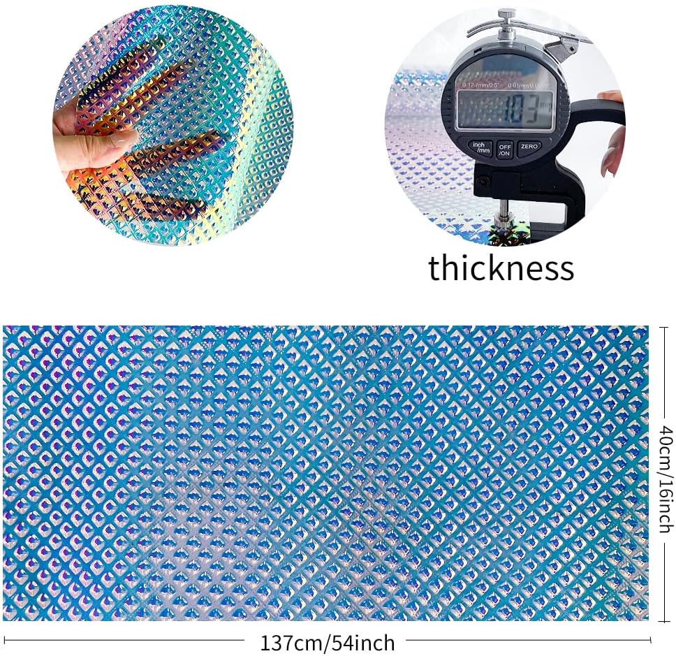 ONEART | Iridescent Transparent Embossed Vinyl Holographic Blue Clear PVC Vinyl Craft Film 16"×54" for Sewing DIY Projects-Diamond