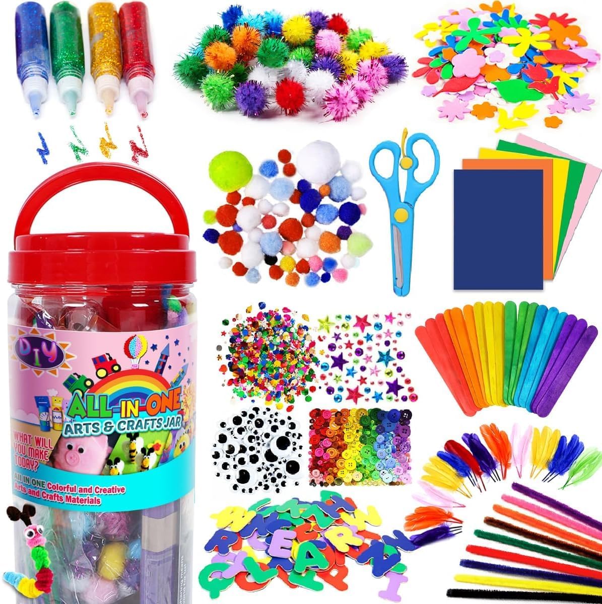 FUNZBO Arts and Crafts Supplies for Kids - Craft Kit with Glitter Glue Stick, Pipe Cleaners Pom Poms Craft & Craft Tools, DIY School Supplies Kit, Girls Toys, Birathday Gifts for Girls Boys Age 4+