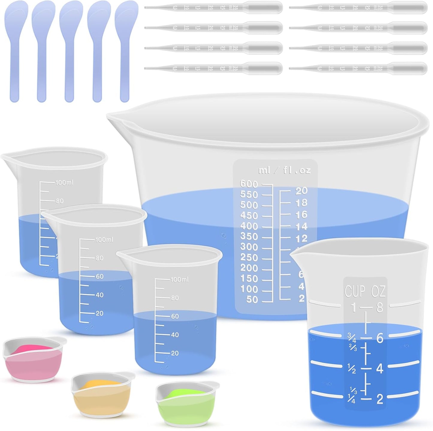 Silicone Resin Mixing Measuring Cups for Resin Supplies, 600ml/20oz Bowl, 250 & 100ml Thickened Reusable Silicone Cups for Epoxy Mixing, with Stir Sticks and Pipettes, Jewelry Making
