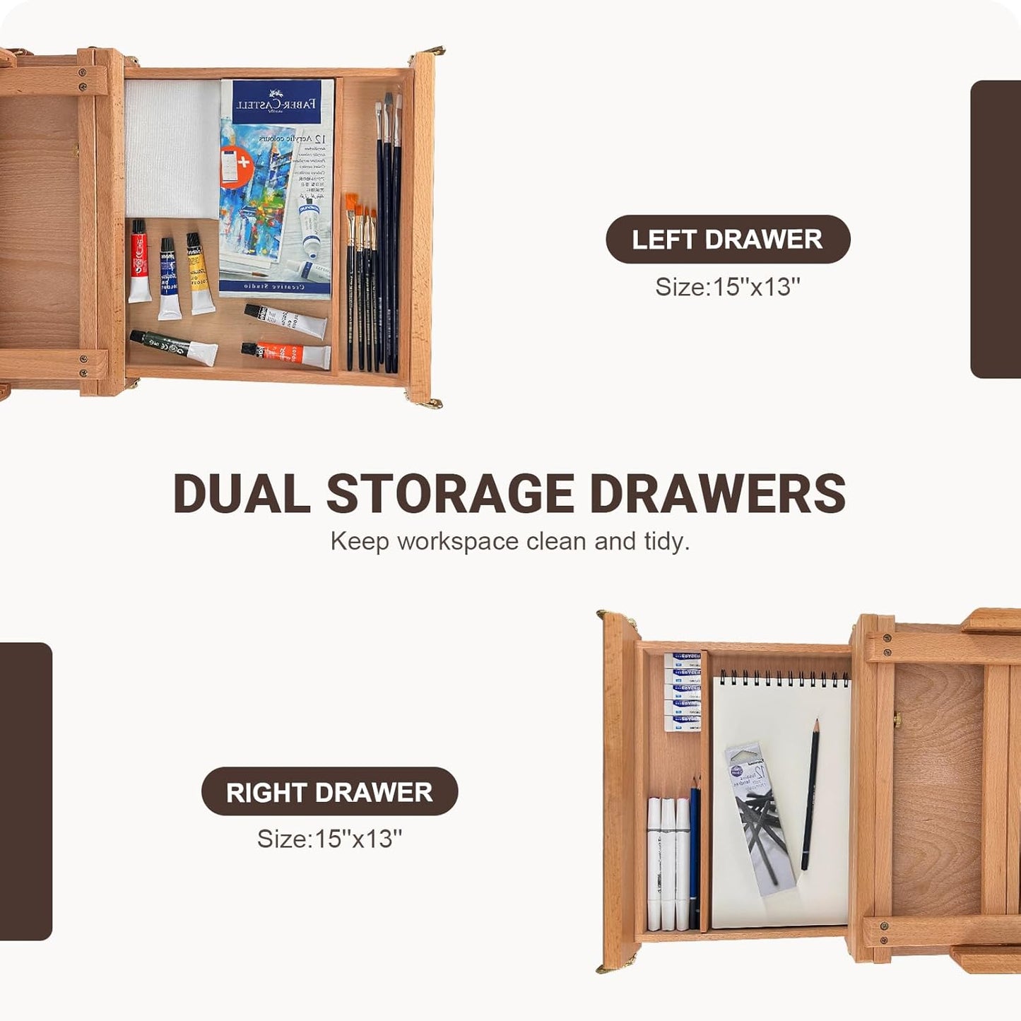 Large Sketchbox Table Top Easel with Dual Dawers- Adjustable Solid Beech Wood Artist Desktop Easel with Storage Holds Canvas up to 34'' High, for Markers, Sketch or Draw