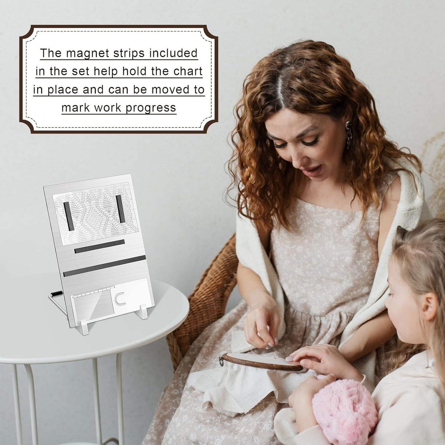 Flutesan 8 Pcs Cross Stitch Accessories and Tools 11.5 x 4.7 Inch Metal Magnet Board Chart Knitting Pattern Holder 2 Bookmark Magnifier with Ruler 1 Bracket 4 Magnet Strips for Crafts Work Supplies