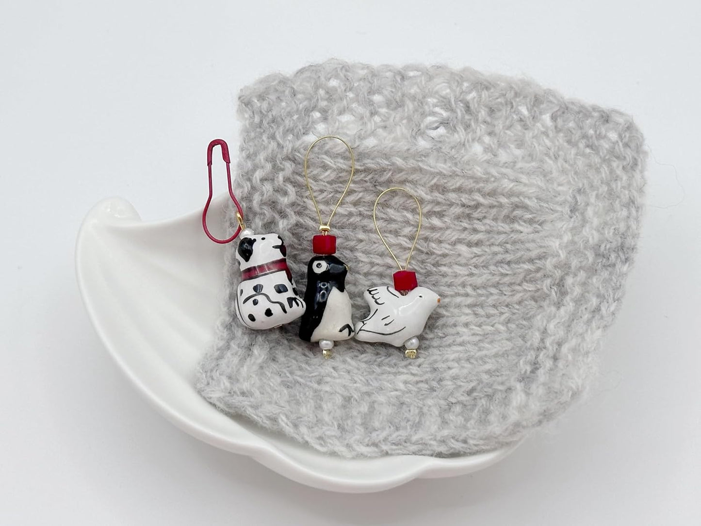 Wander wolly Handmade Animal Stitch Markers for Knitting, Three Pieces in Storage Case, One Dove, One Penguin, and One Dalmatian