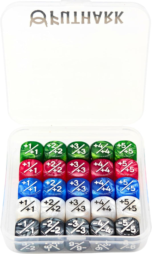 Futhark MTG Counter Dice Set - 25 Compact Multicolored Acrylic Dice with Plus/Minus Counters - Easy to Carry & Easy to Read - Accessories for Magic: The Gathering