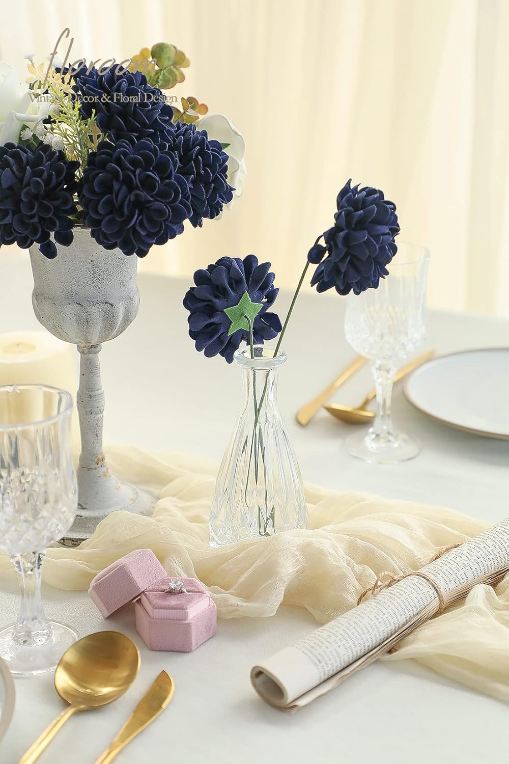 Floroom Artificial Dahlia Flowers 25pcs Real Looking Navy Blue Foam Fake Roses with Stems for DIY Wedding Bouquets Bridal Shower Centerpieces Floral Arrangements Party Tables Home Decoration