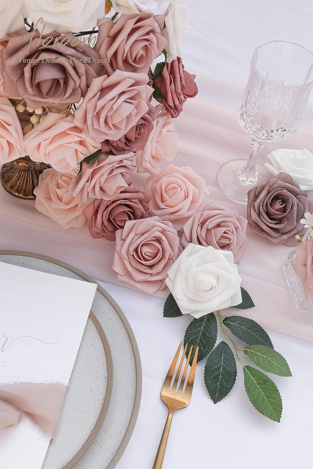 Floroom Artificial Flowers 25pcs Real Looking Dusty Rose Ombre Colors Foam Fake Roses with Stems for DIY Wedding Bouquets Bridal Shower Centerpieces Floral Arrangements Party Tables Home Decorations