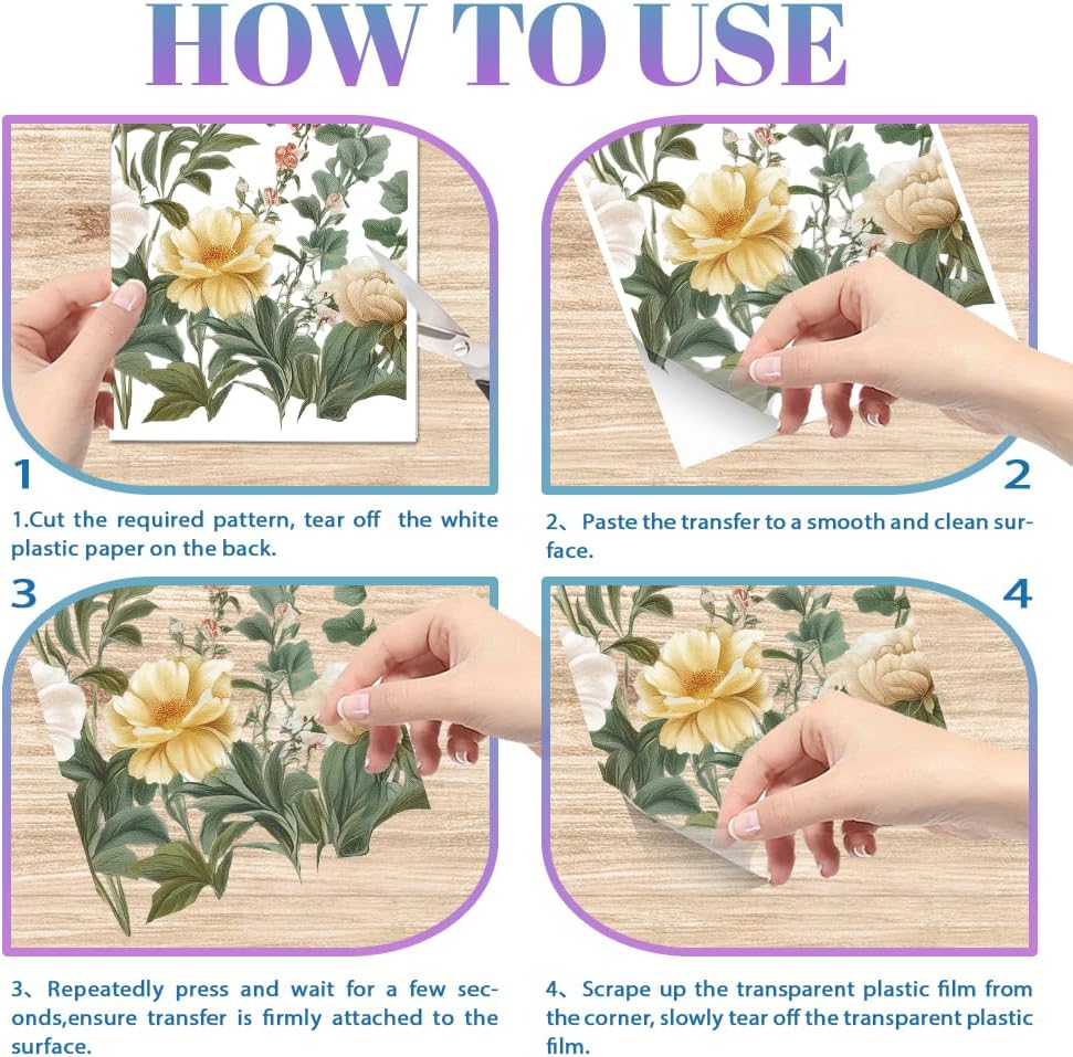 GLOBLELAND 4 Sheets Light Vintage Florals Furniture Transfer 11.8x5.9inch Butterflies Peonies Rub on Transfer Wildflowers UV Self-Adhesive Stickers Wall Art Craft for Bedroom Living Room Desk Table