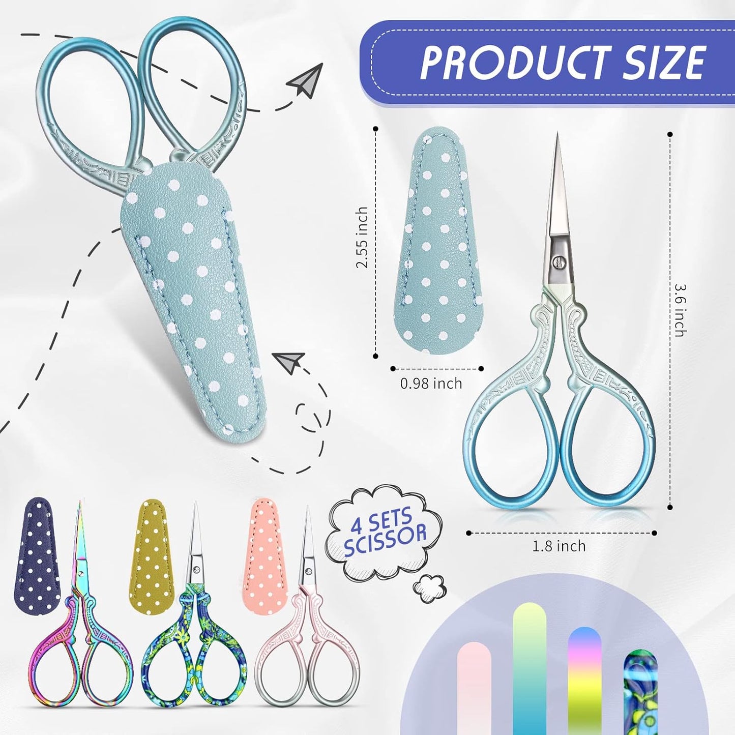 Honoson 4 Pcs Sewing Embroidery Scissors with 4 Pcs Artificial Leather Cover 3.6 Inch Stainless Steel Stork Scissors Vintage Embroidery for Needlework Manual Sewing Handicraft(Fresh Colors)