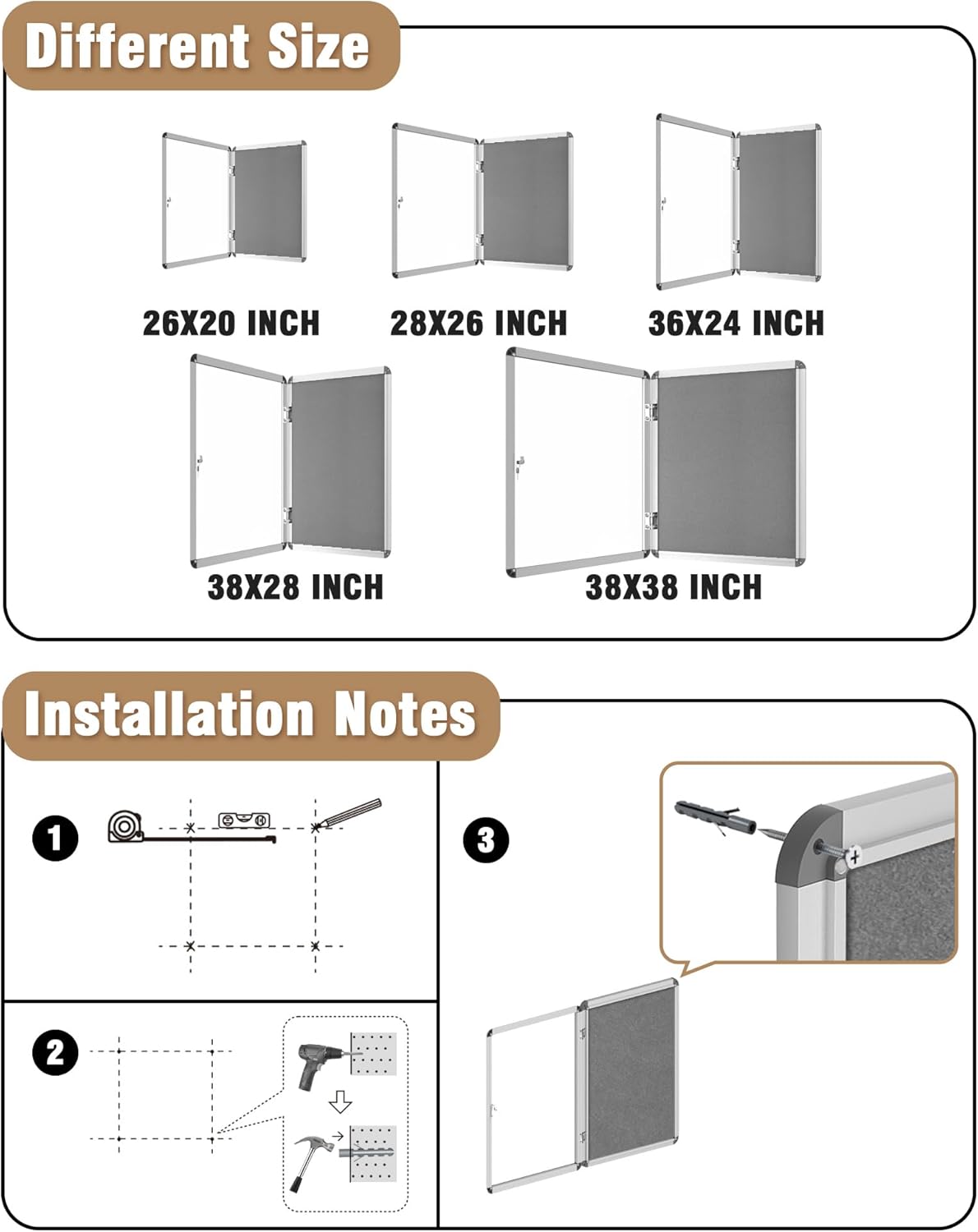 28"x26" Enclosed Bulletin Board, Lockable Weather-Resistant Aluminum Cork Noticeboard for School & Office, Silver Frame w/Grey Flet