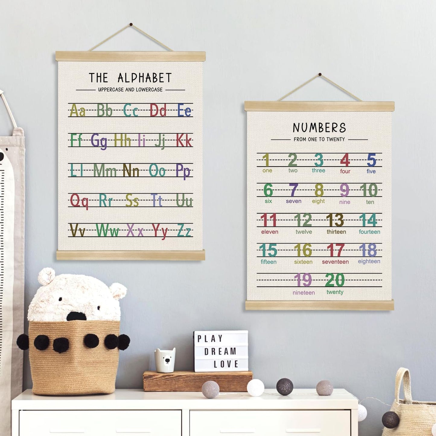 Alphabet and Numbers Wall Chart Set of 2 ,Kids Educational Posters,ABC and 1-20 Number Learning Banners for Toddlers, Preschool Classroom, Nursery, Playroom Decor 14 x 18.5 Inch(Colorful)