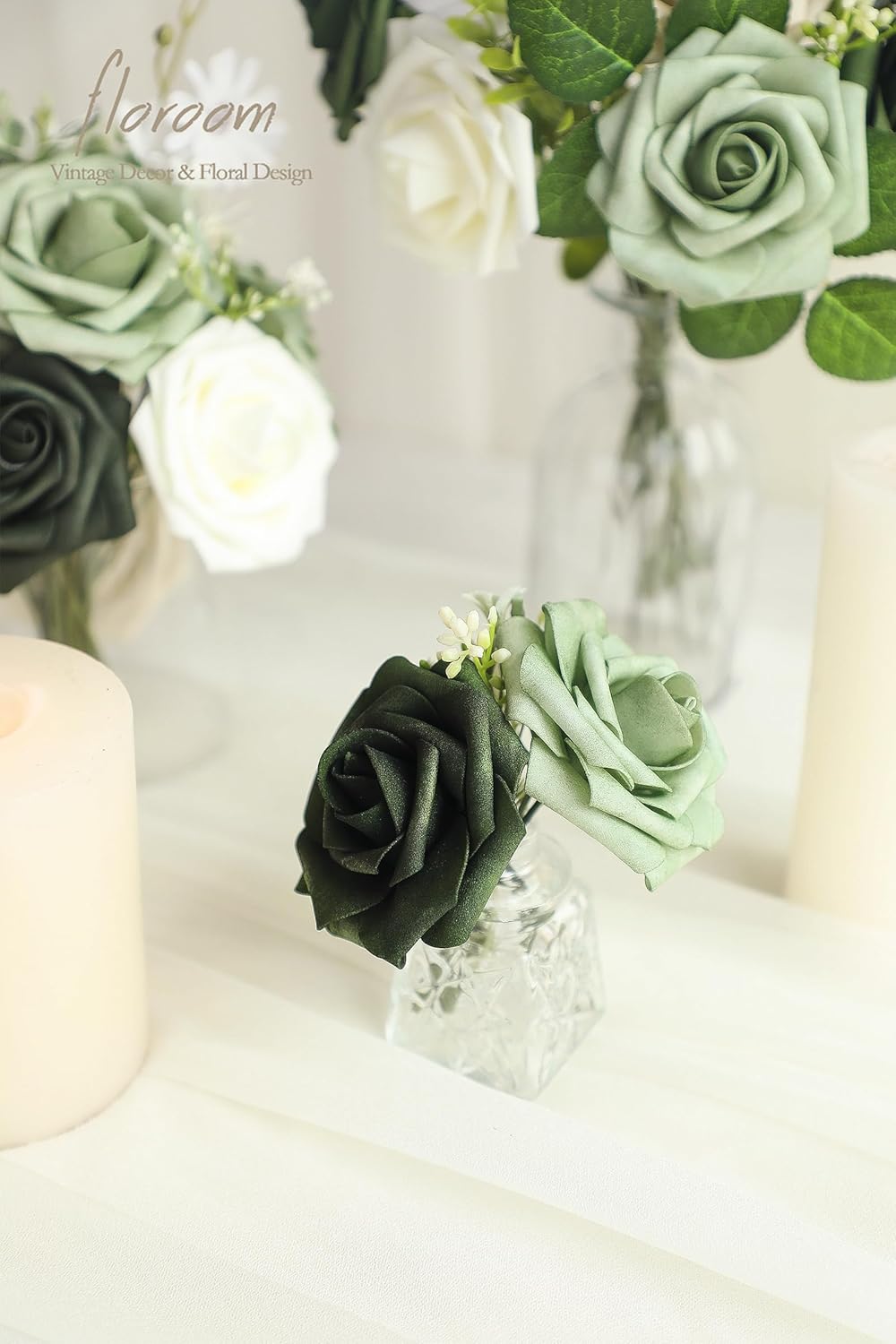 Floroom Artificial Flowers 25pcs Real Looking Emerald Green Ombre Colors Foam Fake Roses with Stems for DIY Wedding Bouquets Bridal Shower Centerpieces Sage Green Floral Arrangements Tables Decoration