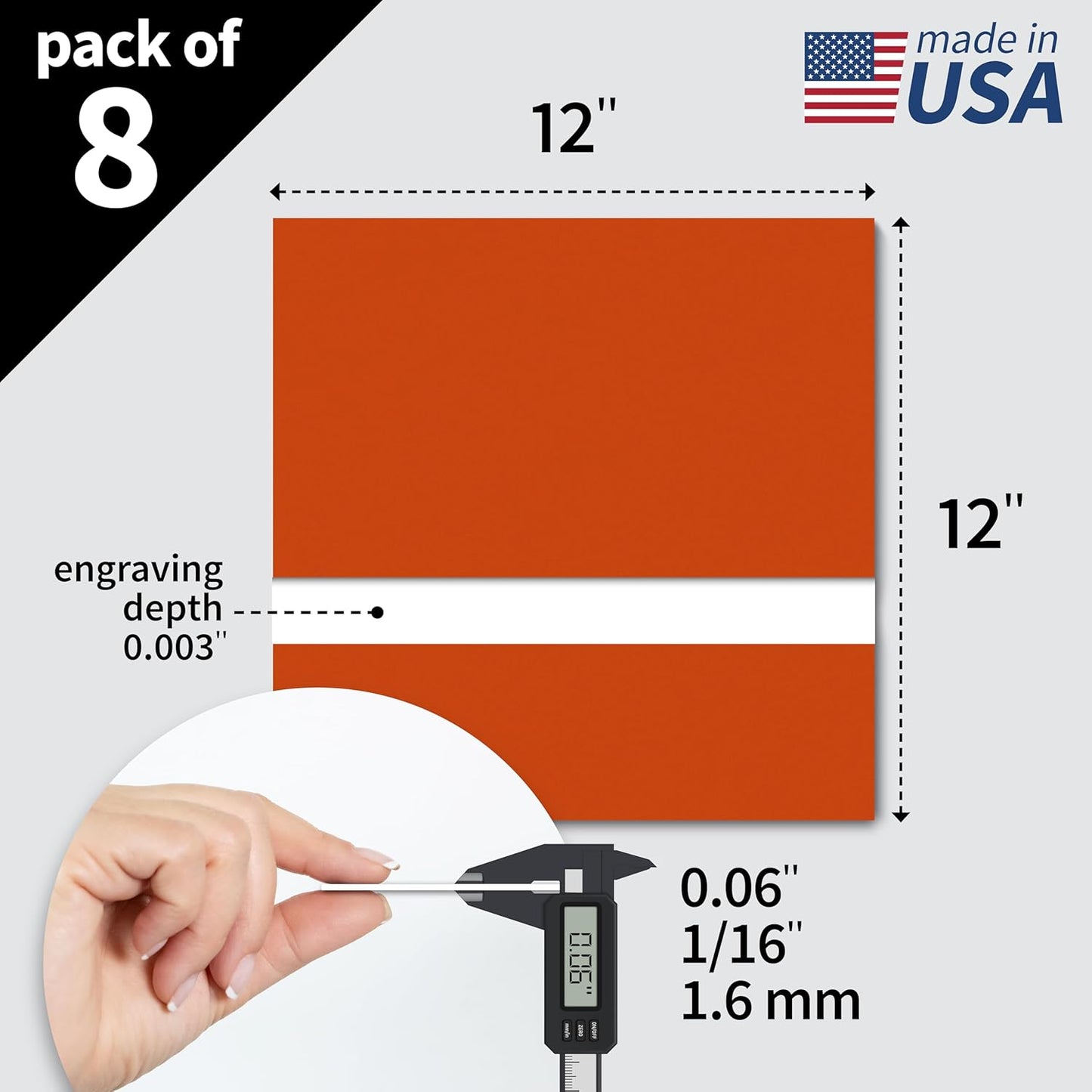Trotec TroLase | 12"x12"x1/16", 8 Pcs | Orange/White | 2 Ply | Modified Acrylic | Laser Engraving Double Color Plastic Sheet | Engraving Blanks for Laser, Saw, Guillotine | Made in USA