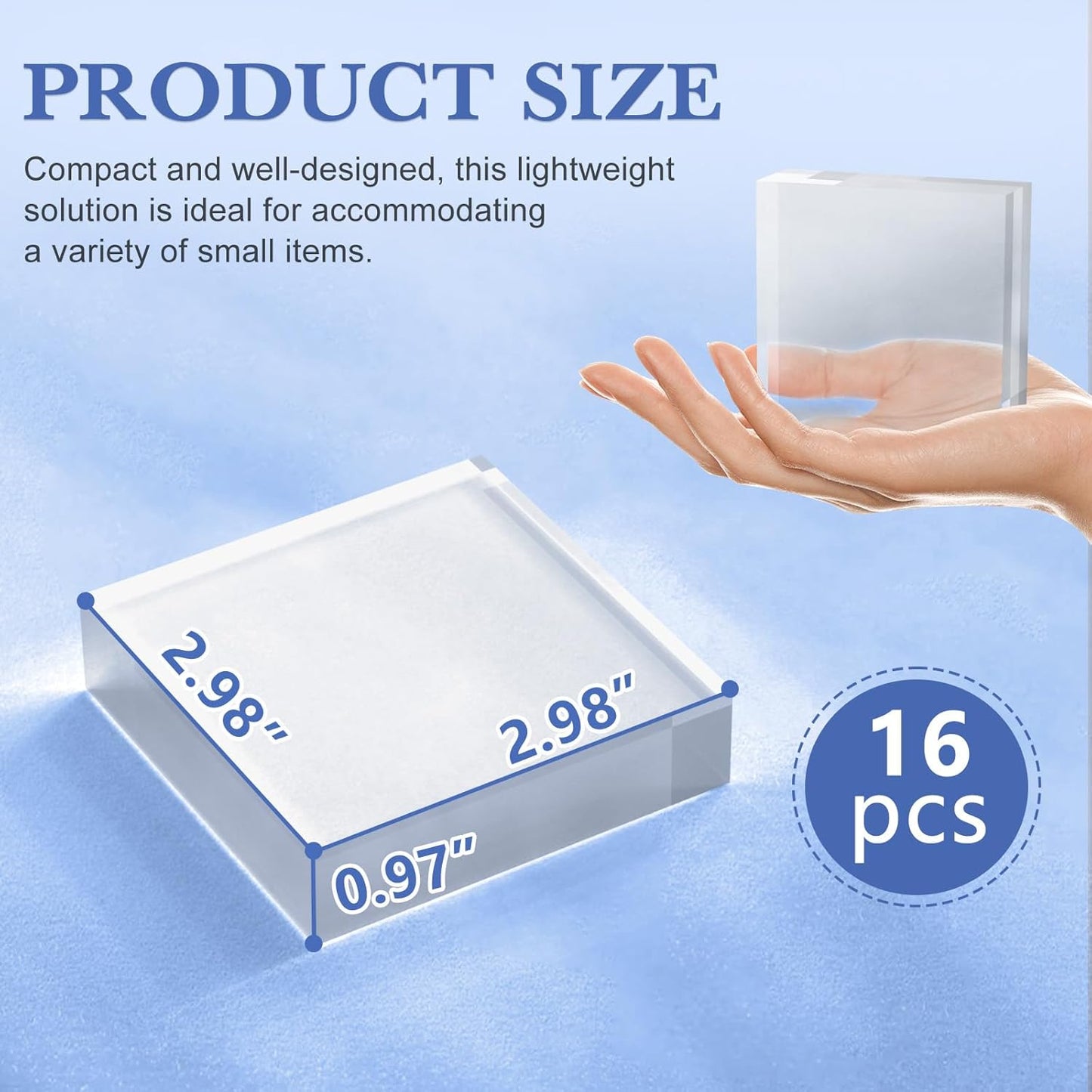 Acrylic Blocks 3 X 3 X 1 Inch 16 Pcs Acrylic Base Stand for Display Clear Block Square Riser Display Stands Pedestal Polished Cube for Jewelry trophy Props Collection Ring