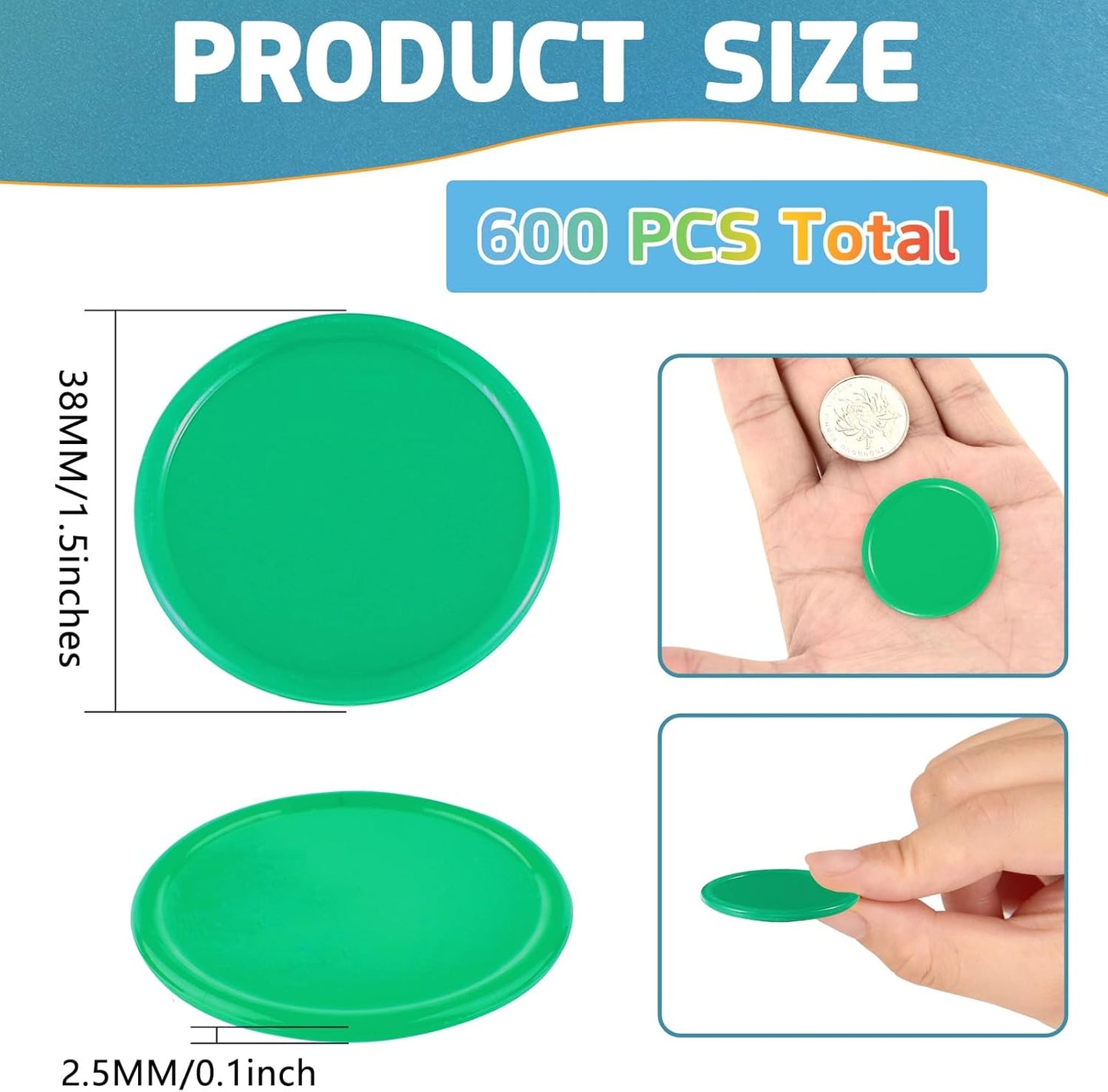 Coopay 600 Pieces Plastic Poker Chips Learning Counters Disks Bingo Chip Counting Discs Markers for Math Practice and Poker Card Game Tokens, Teaching Rewards, 38 mm/ 1.5 Inches (Green)