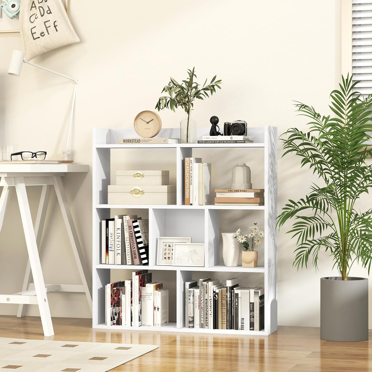 Giantex 7 Cube Bookshelf, Free-Standing Wooden Bookcase, 4 Tier Home Display Shelf, Horizontal Storage Unit w/Anti-Toppling Devices, Open-Back Display Rack for Study, Bedroom, Living Room, White