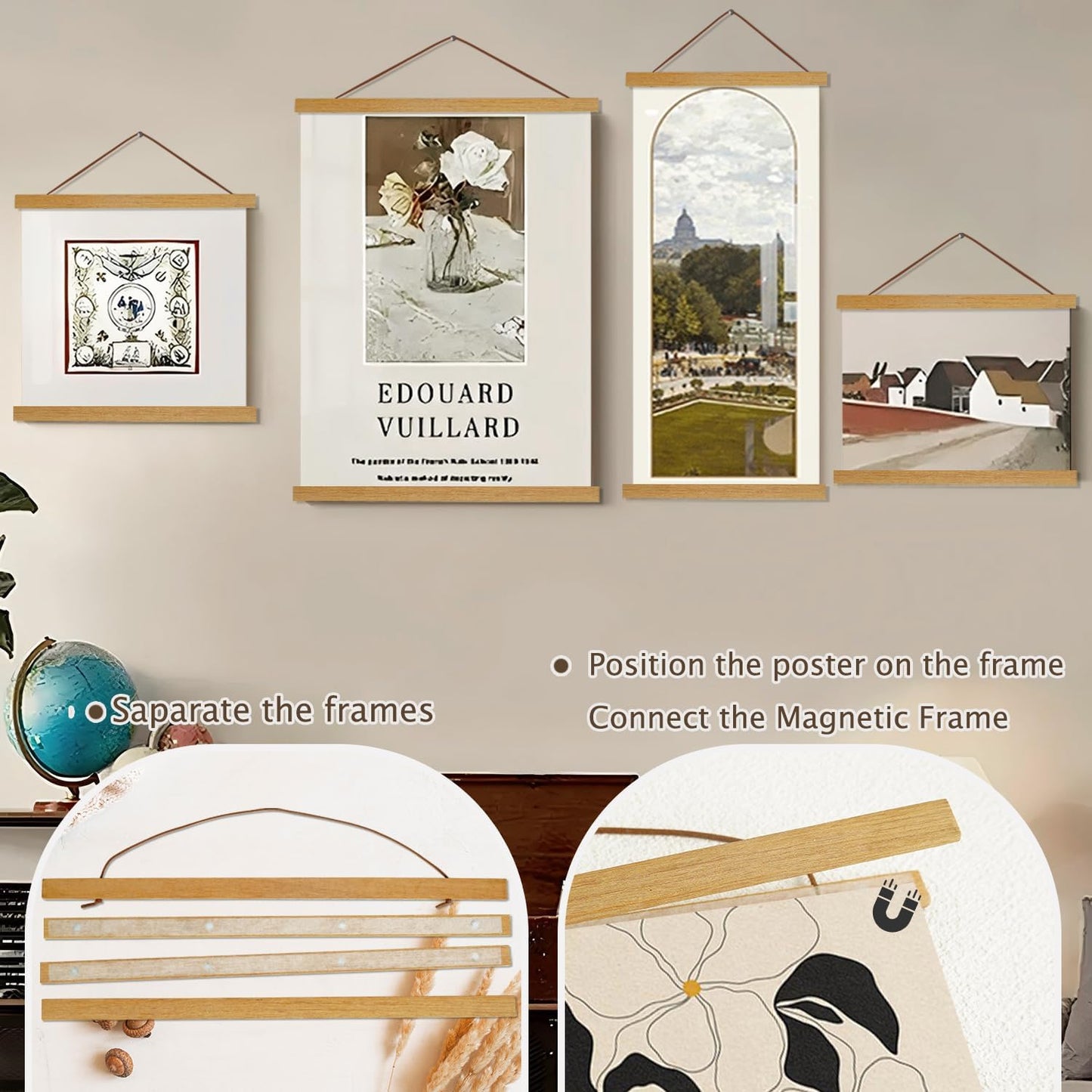 Artmag Magnetic Poster Hanger Frame, 37x45 37x40 37x25 Light Wood Wooden Magnet Canvas Artwork Print Poster Hangers Frames Hanging Kit (Teak Wood, 37")