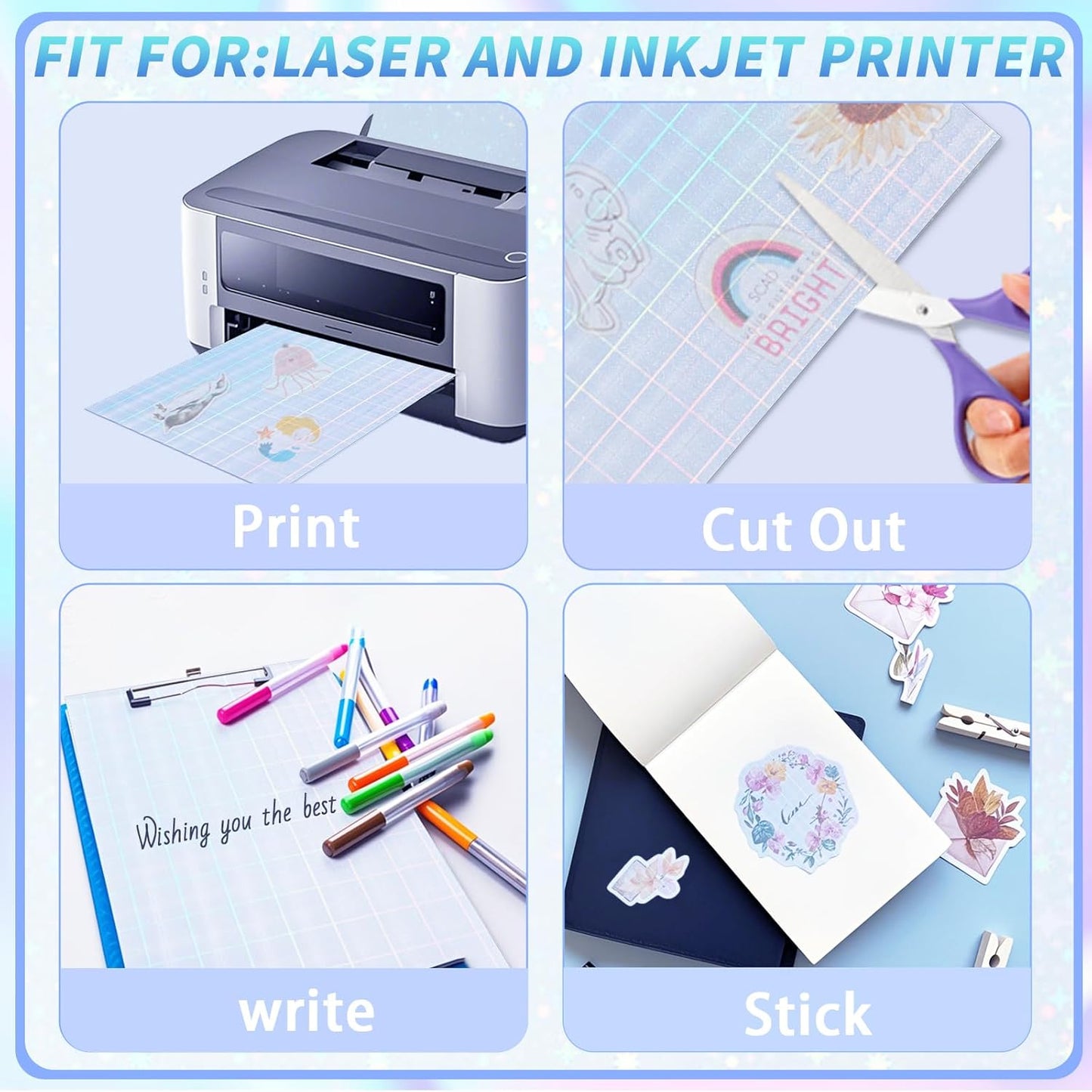 20 Sheets Printable Holographic Sticker Paper,11 x 8.5 Inches Printable Waterproof Paper Rainbow Vinyl Sticker Paper for Inkjet or Laser Printer（Laser square）