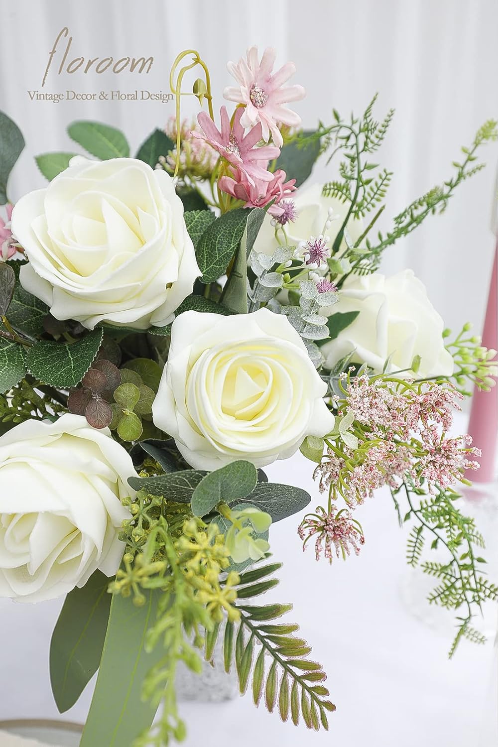 Floroom Artificial Flowers 20pcs Real Looking Ivory High-Centered Foam Fake Roses with Stem for DIY Wedding Bouquets Bridal Shower Centerpieces Floral Arrangements Party Tables Home Decorations