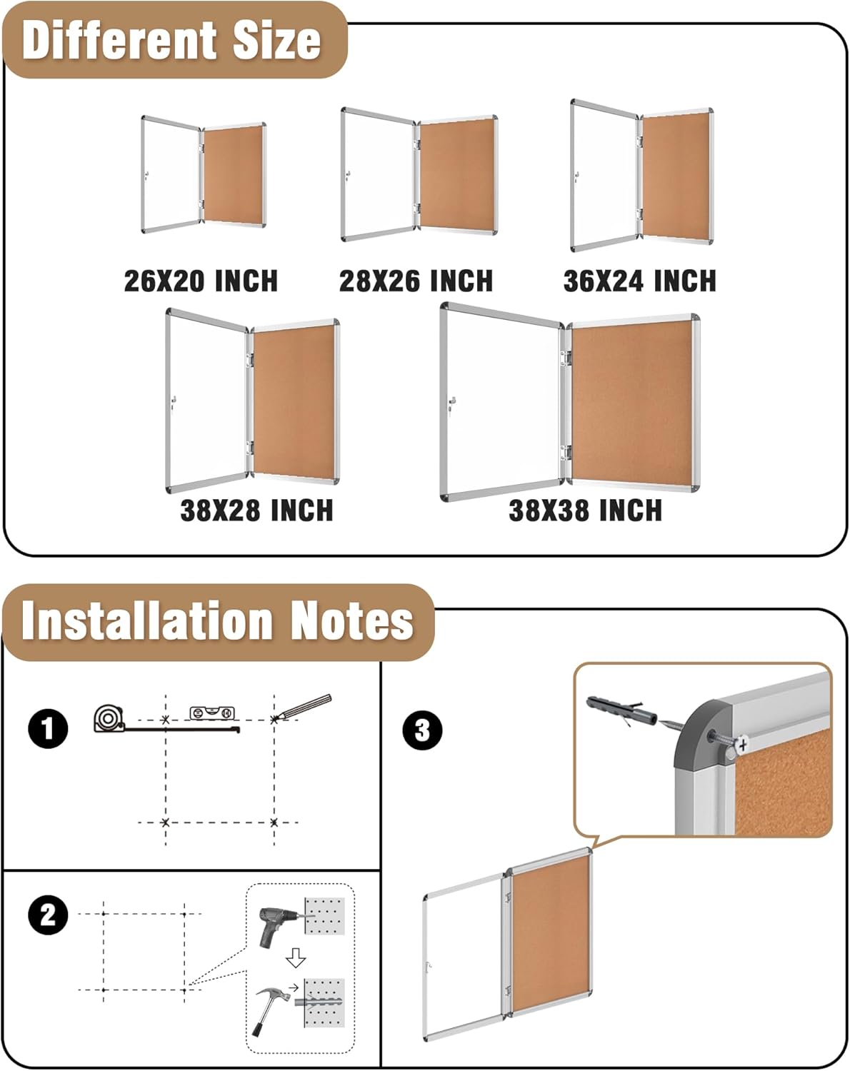 38"x28" Enclosed Bulletin Board, Lockable Weather-Resistant Aluminum Cork Noticeboard for School & Office, Silver Frame w/Cork