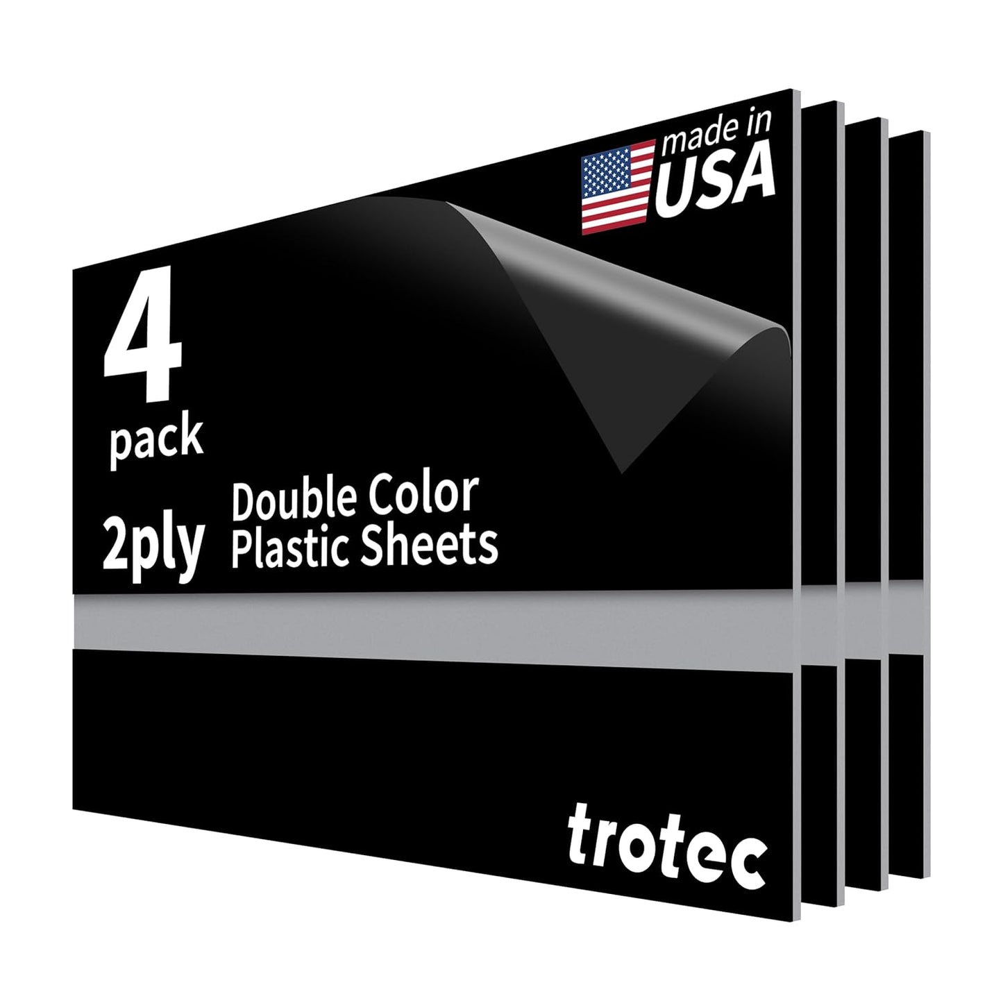 Trotec TroLase | 12"x20"x1/16", 4 Pcs | Black/Silver | 2 Ply | Modified Acrylic | Laser Engraving Double Color Plastic Sheet | Engraving Blanks for Laser, Saw, Guillotine | Made in USA