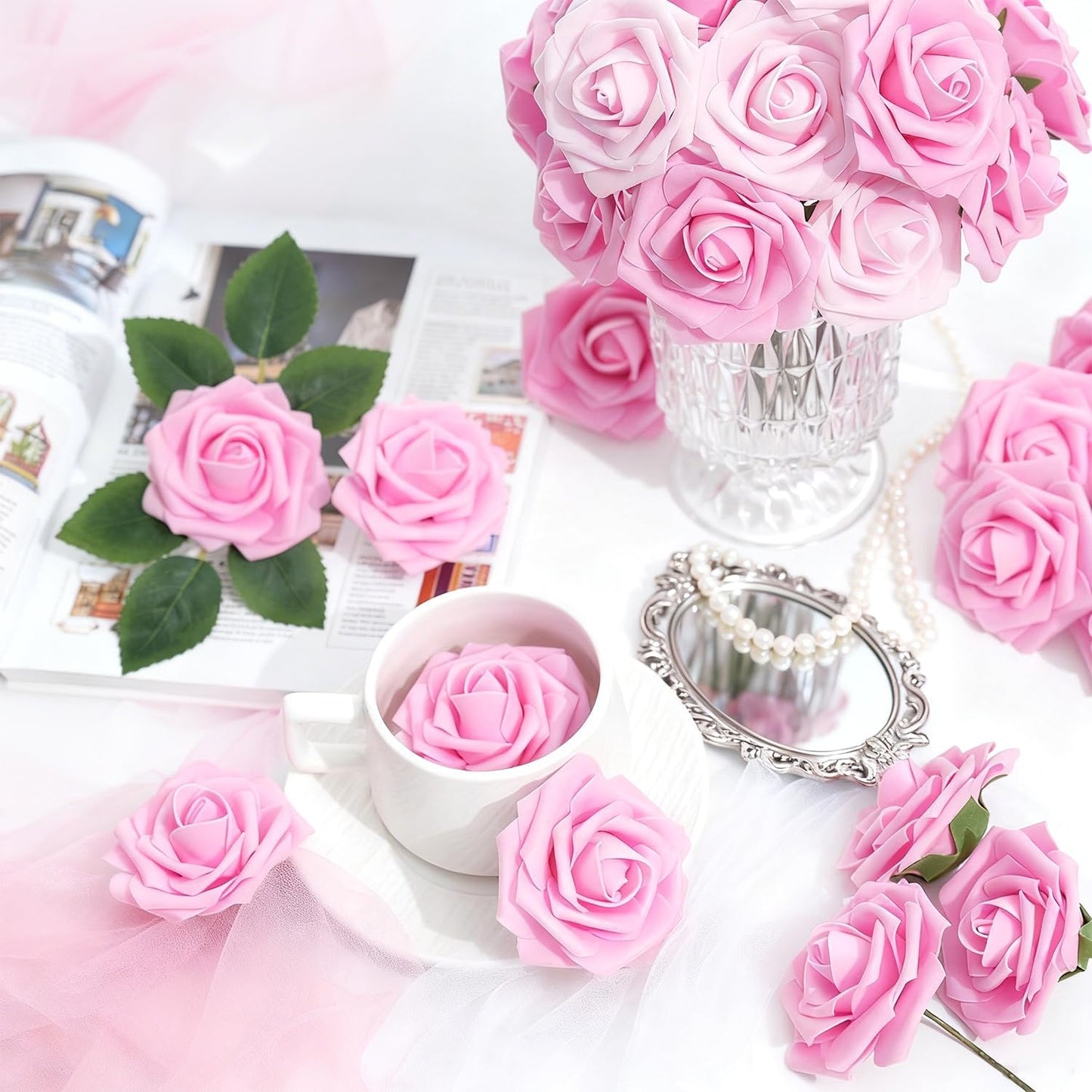 Artificial Flowers Foam Fake Roses 25pcs Pink Roses with Stems for Home Decor DIY Wedding Bouquets Party Bridal Shower Centerpieces Faux Flower Arrangements Tables Decorations