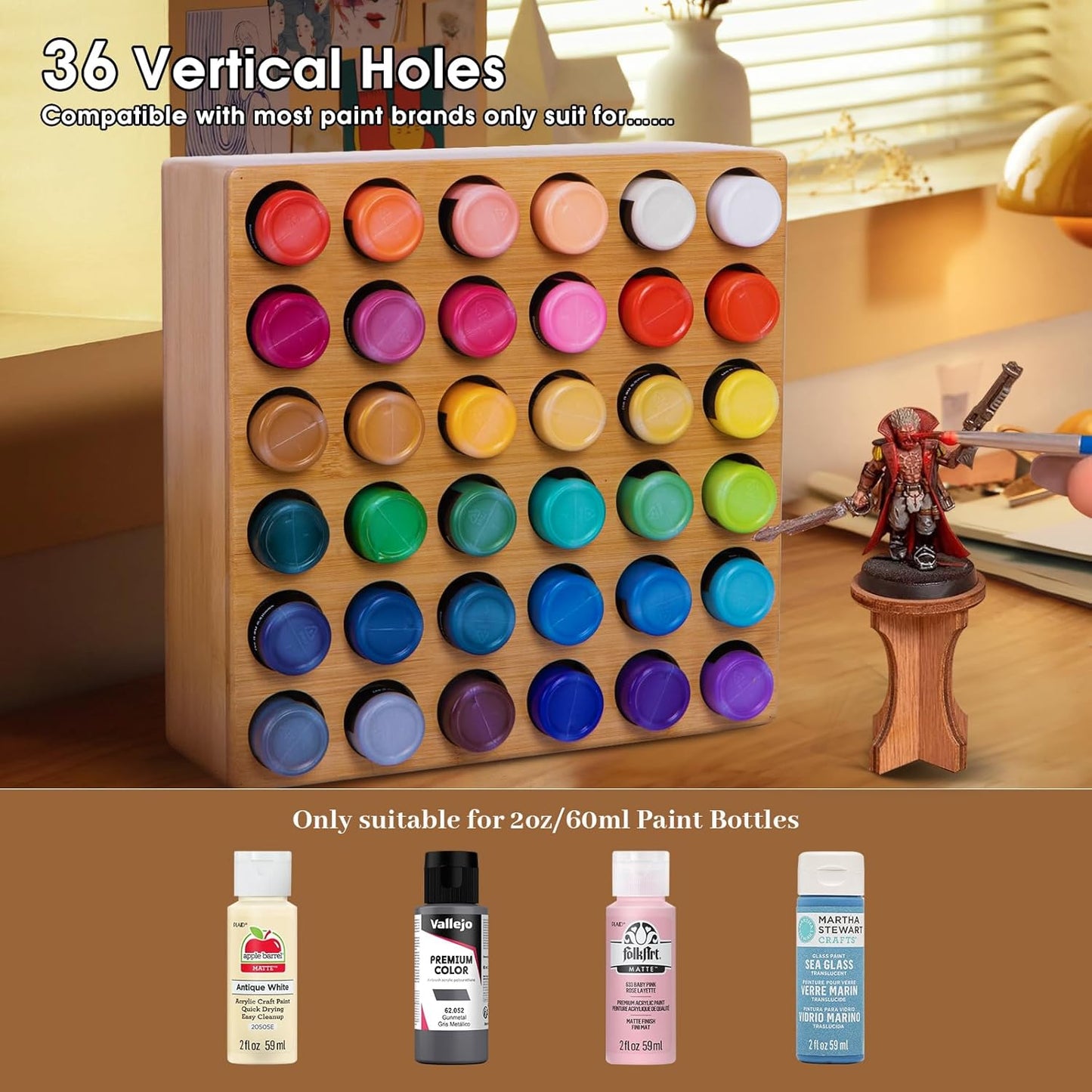 Bamboo Craft Paint Storage Organizer,36-Hole Vertical Paint Rack Stand for 2oz Craft & Acrylic Paints,Stackable Modular Storage Solution for Home, Classroom, and Office