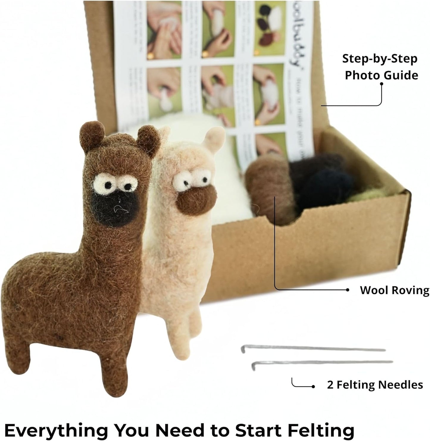 Woolbuddy Needle Felting Kit for Beginners & Adults – Llama DIY Felt Animal Starter Kit with Natural Wool Roving, Felting Needles & Step-by-Step Instructions