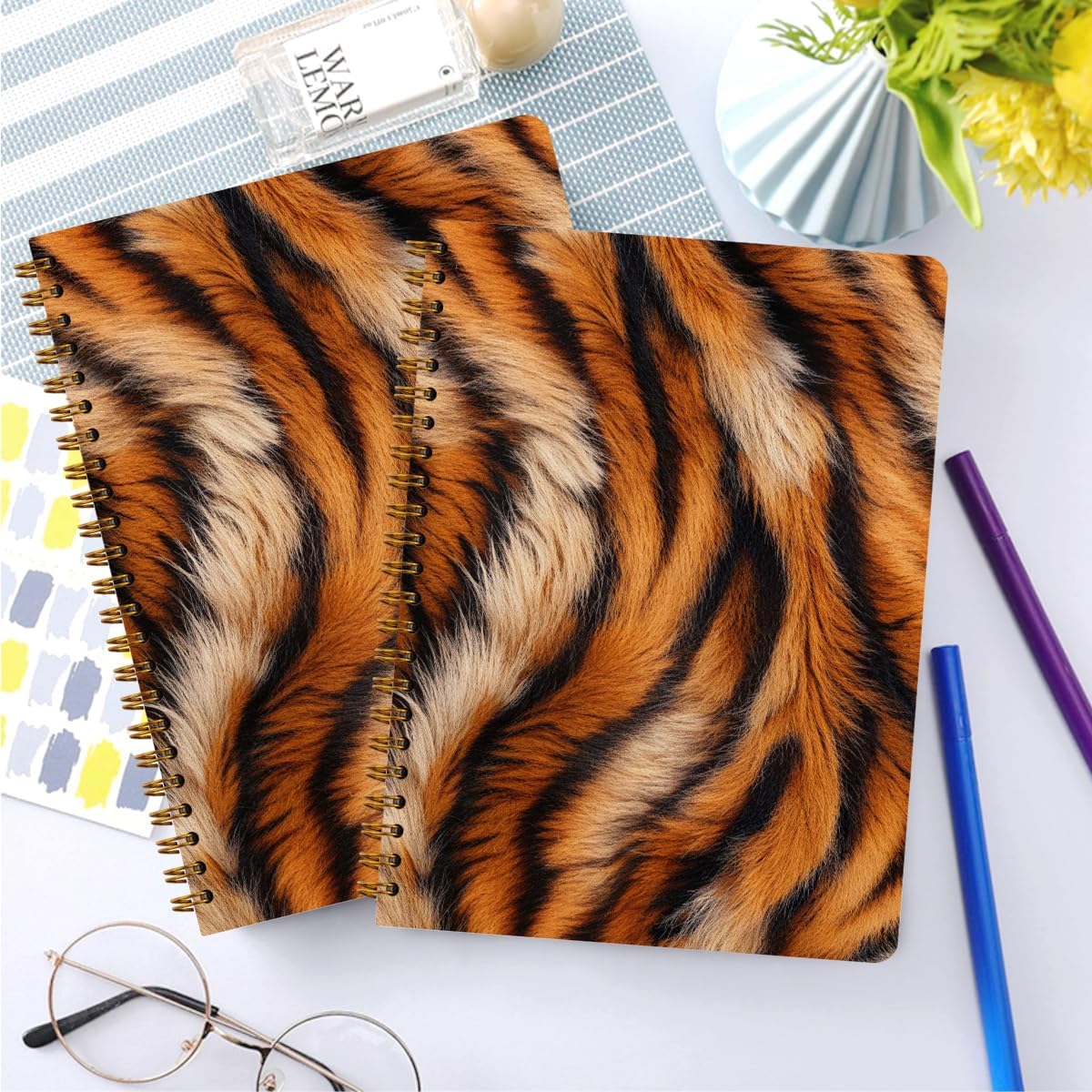 2 PCs Tiger Journaling Notebooks Tiger Print Spiral Notebook Animal Print Aesthetic Design Gifts for Women Teen Girls Note Books Journals for Writing Hardcover Notebook Office Classroom Supplies