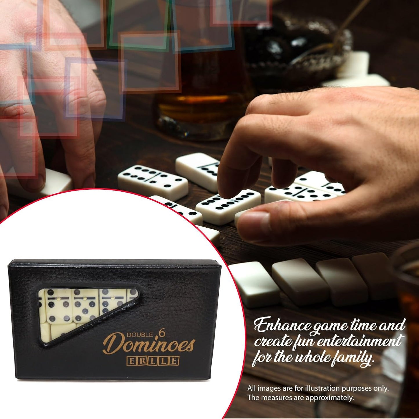 ERLLE - Premium Double 6 Dominoes Set, Classic Domino Game with Vinyl Case, Tiles for Adults & Kids, Mexican Train & Family Game Night