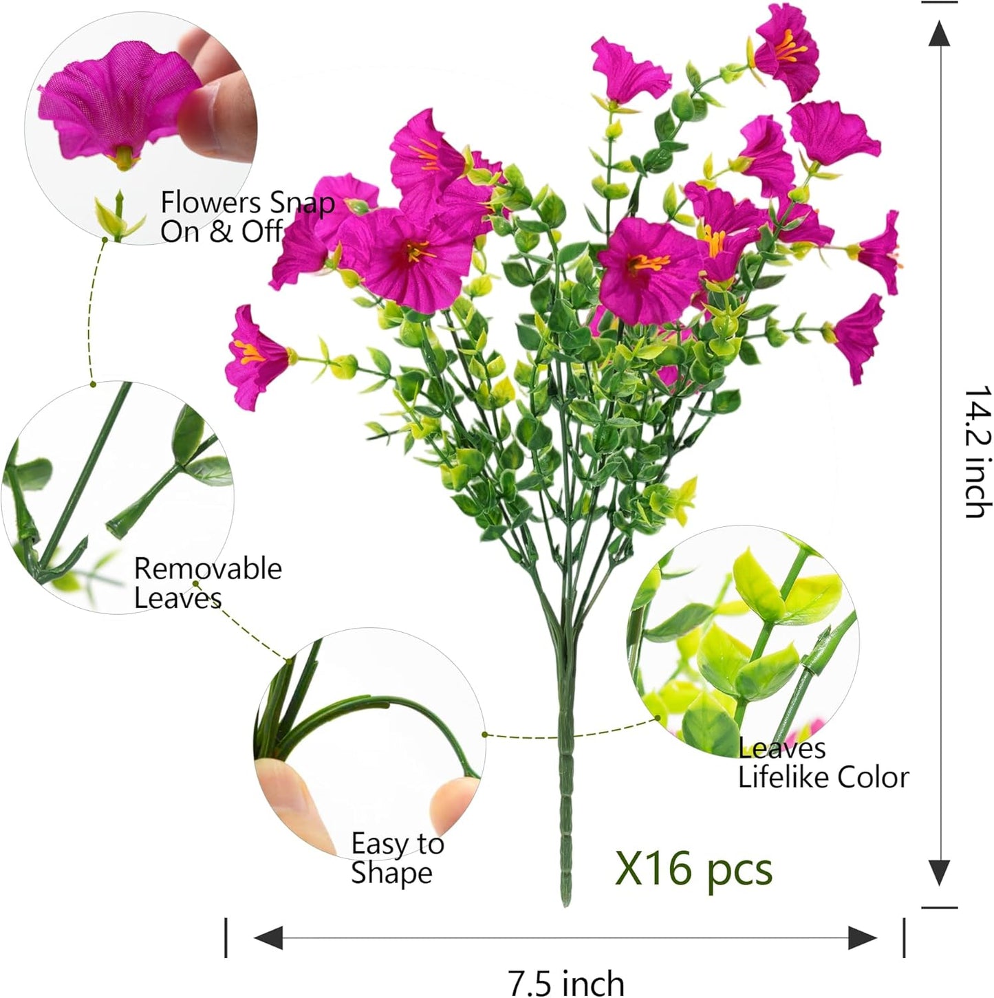 Artificial Flowers for Outdoors Spring Summer Decoration, 16 Bundles Fake Silk Realistic Morning Glory UV Resistant Faux Plastic Plants for Planter Front Door Porch Patio Yard (Fuchsia)